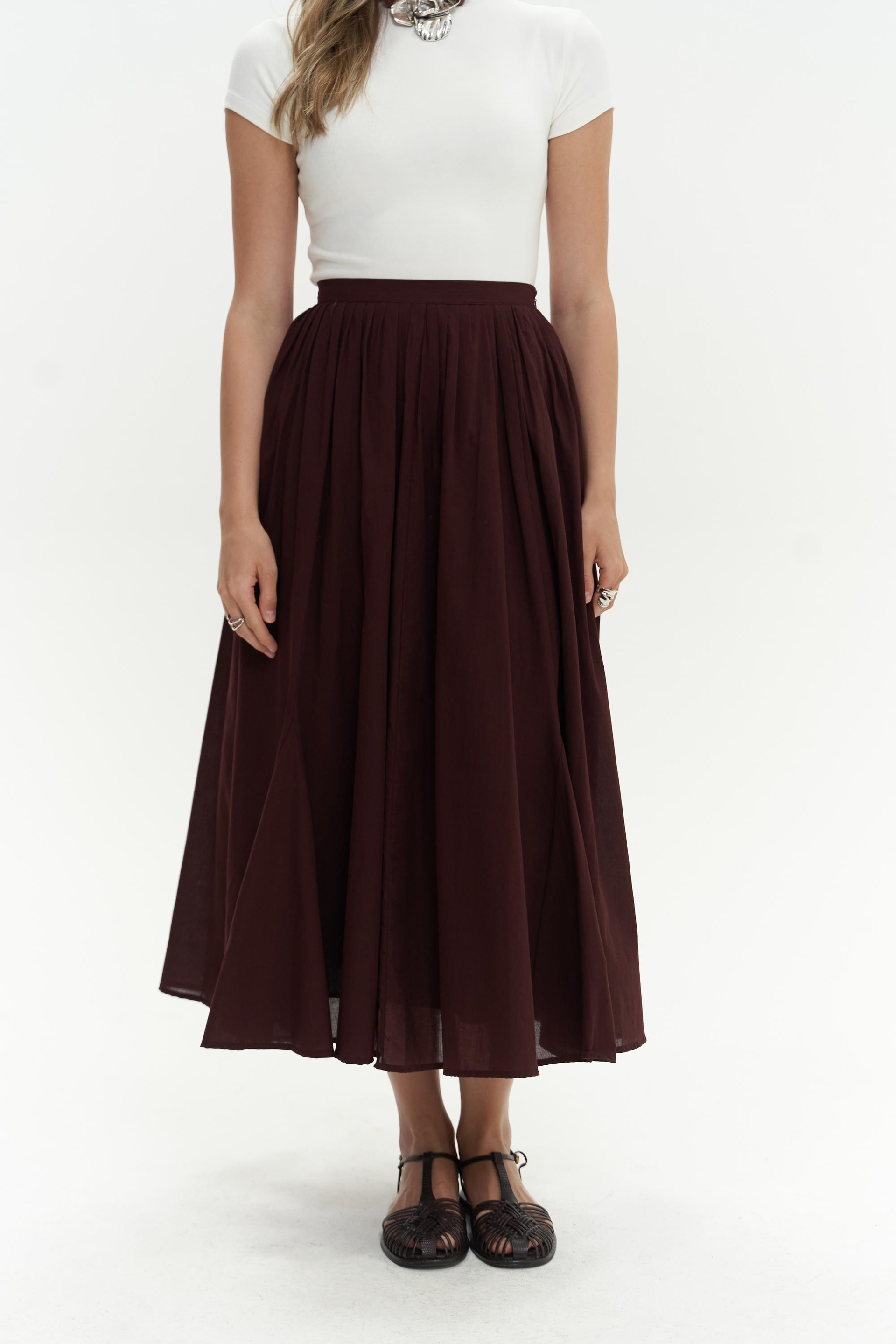 Amaya Pleated Burgundy Midi Skirt