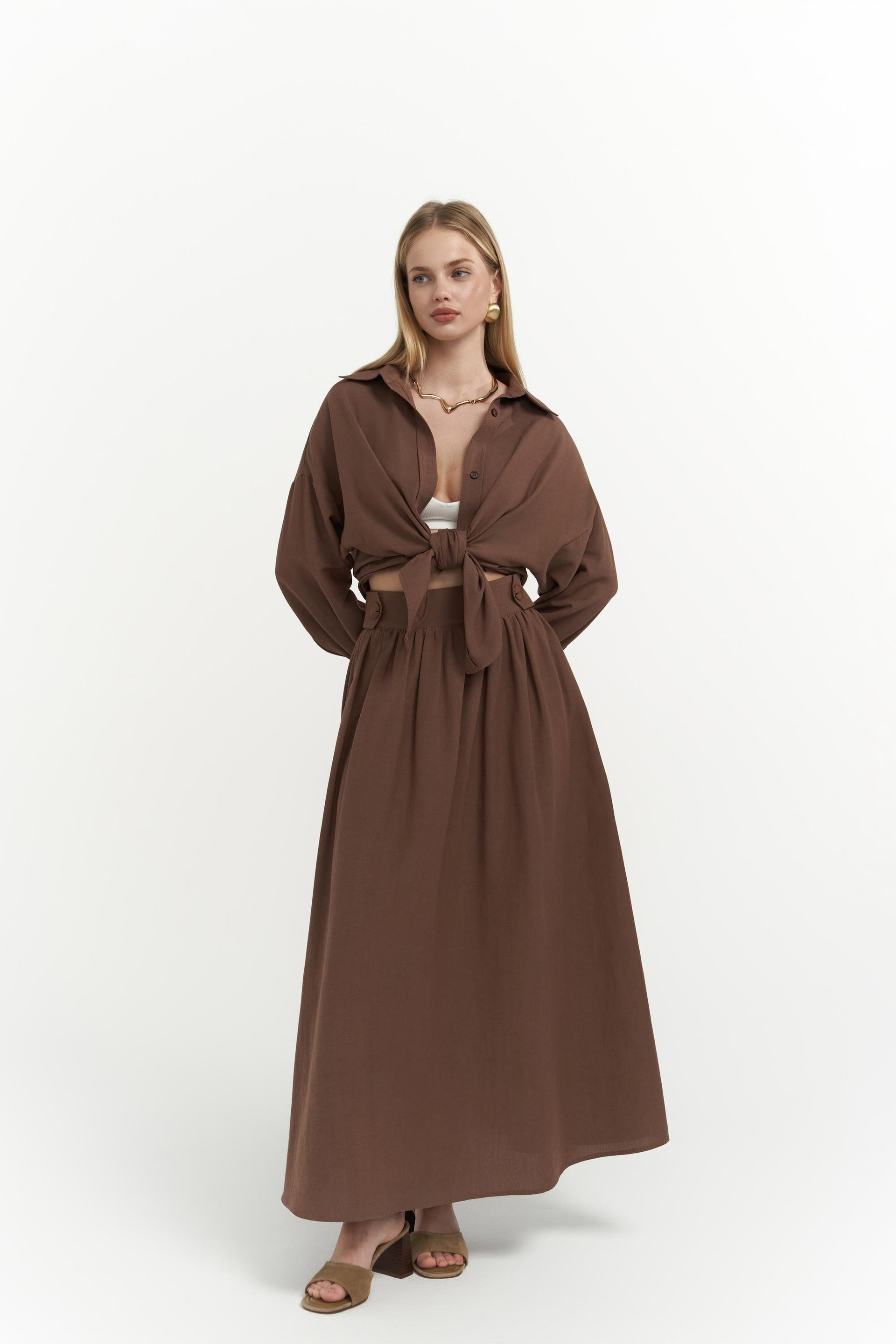 Ambra Kahve Gömlek Etek Takım