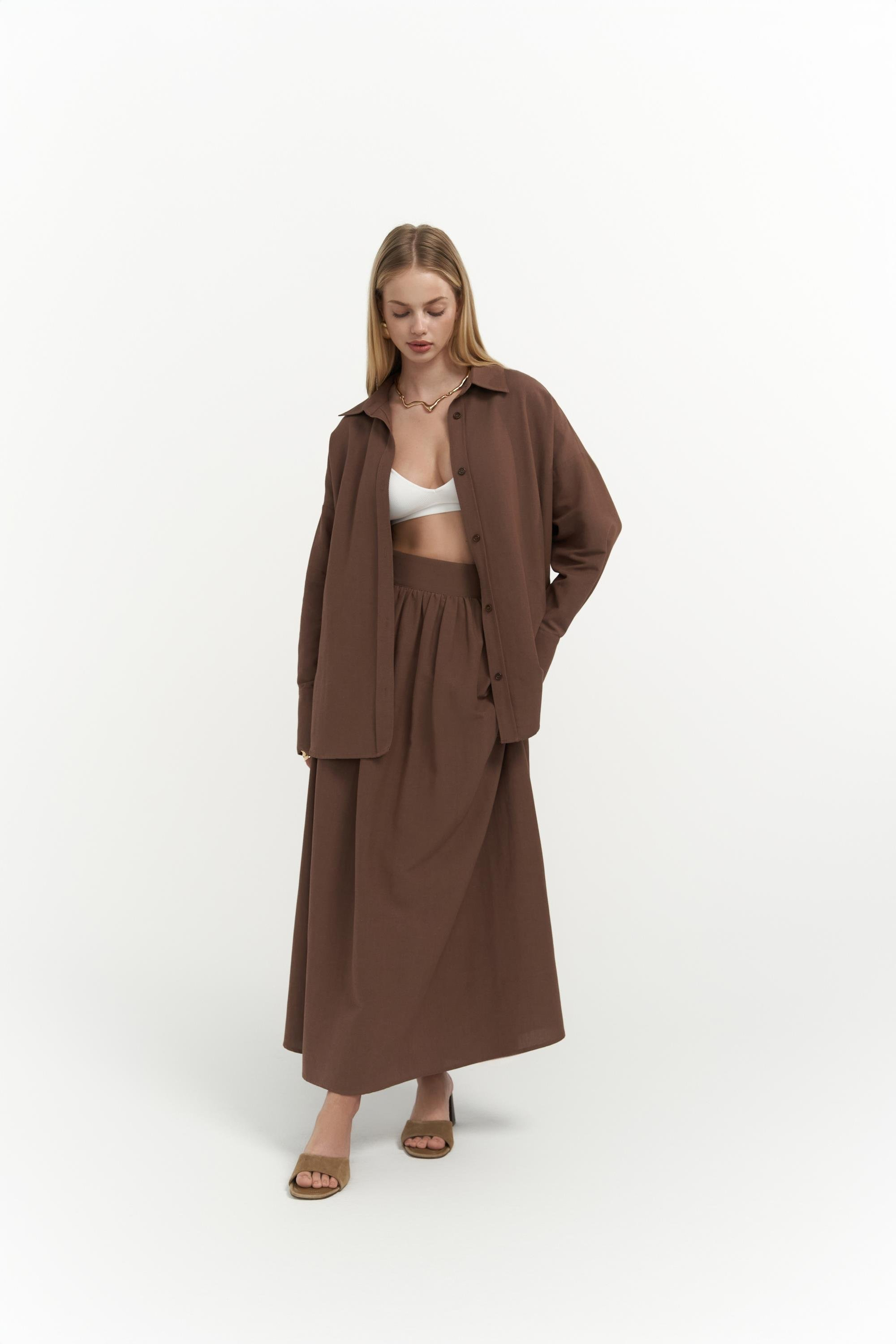 Ambra Kahve Gömlek Etek Takım