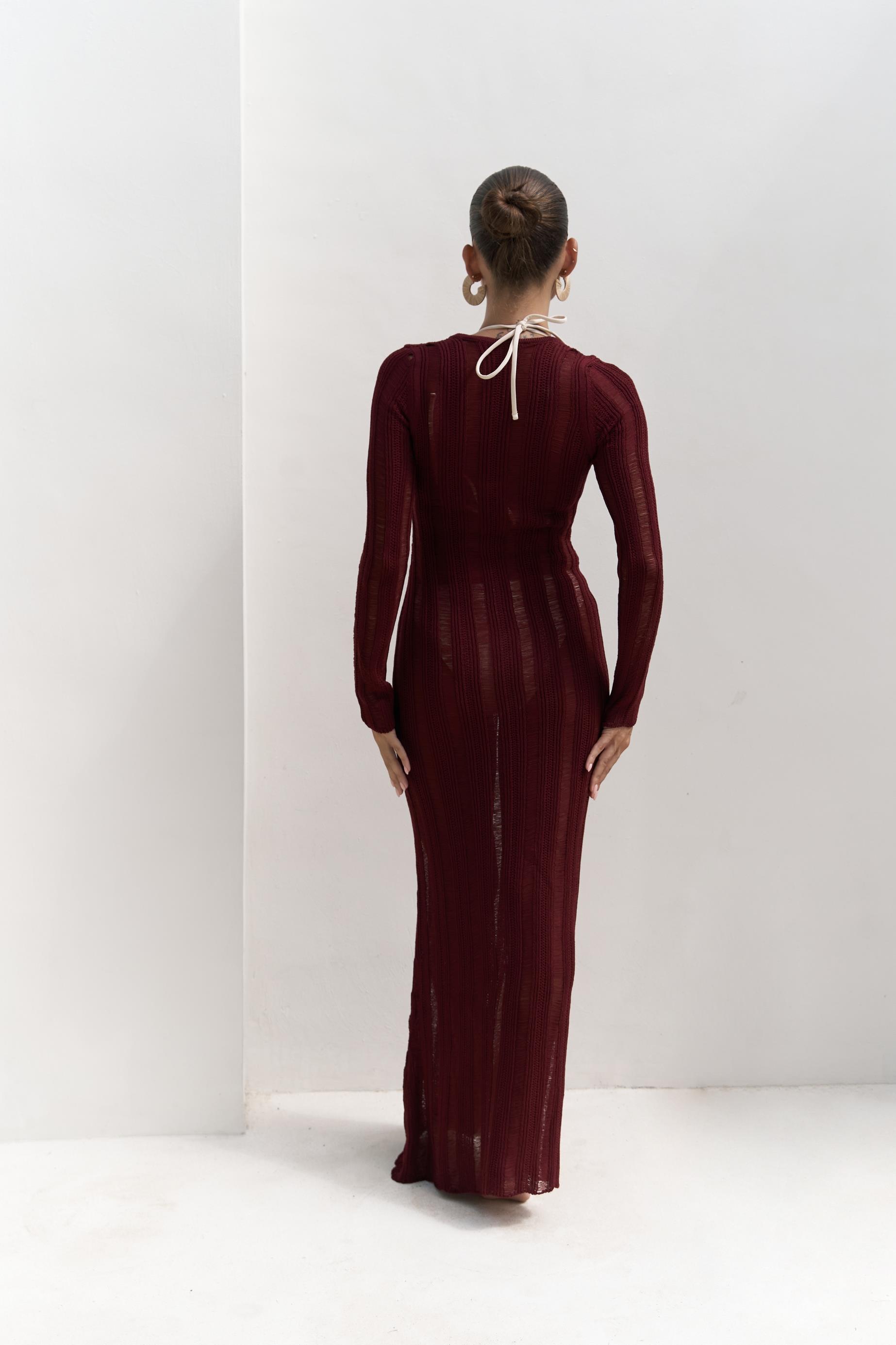 Anandra Boncuk Detay Bordo Triko Uzun Elbise