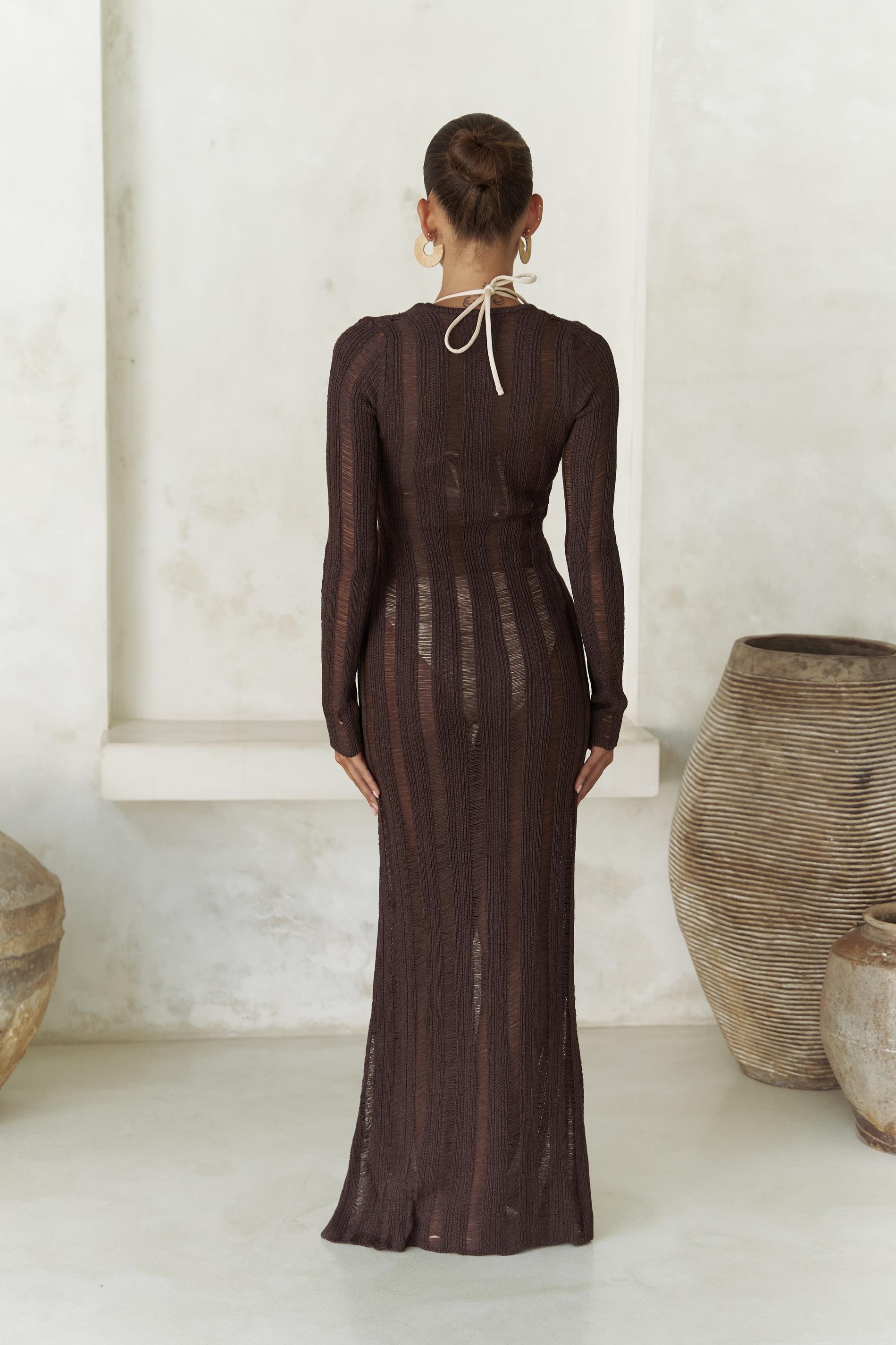 Anandra Boncuk Detay Kahve Triko Uzun Elbise