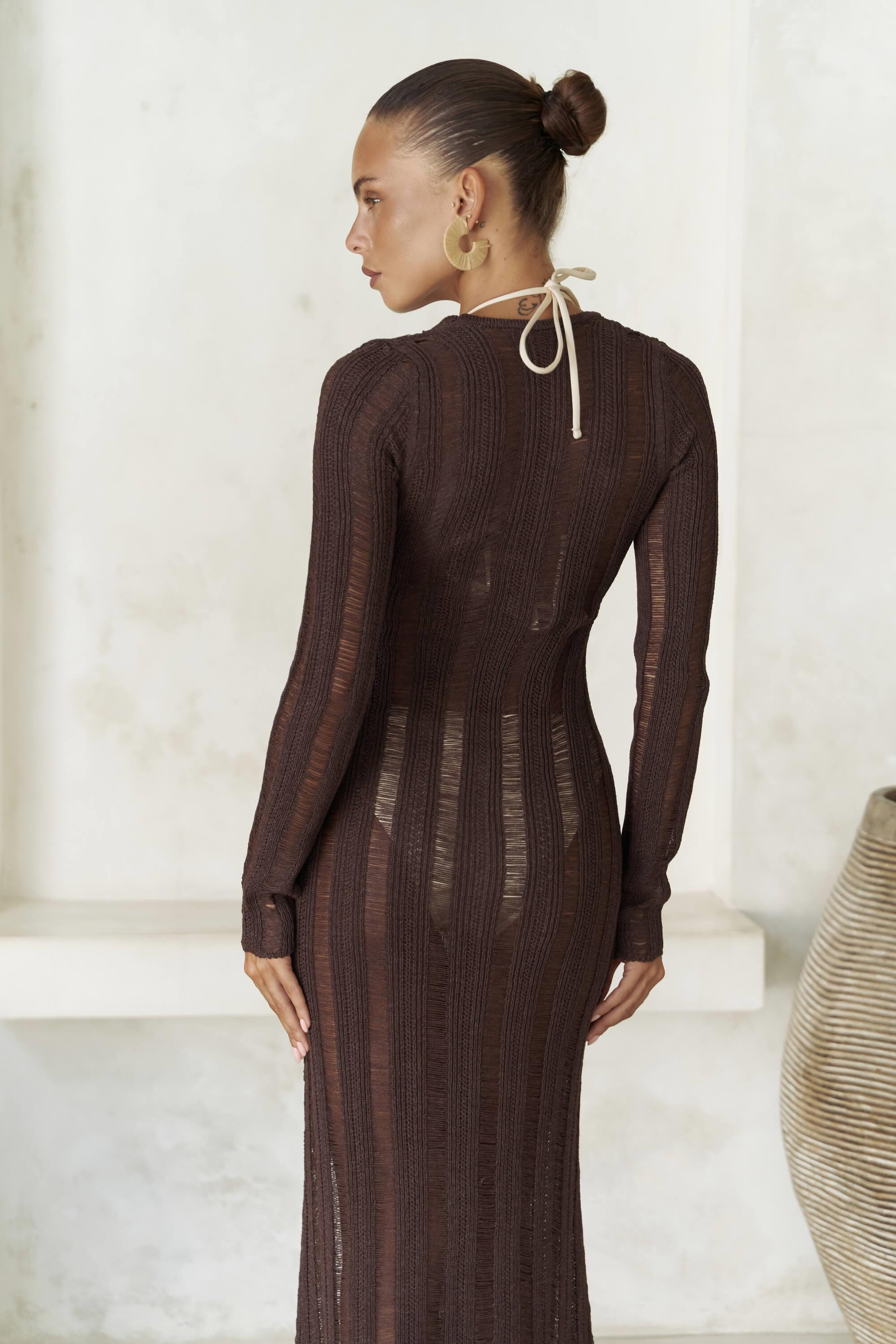 Anandra Boncuk Detay Kahve Triko Uzun Elbise