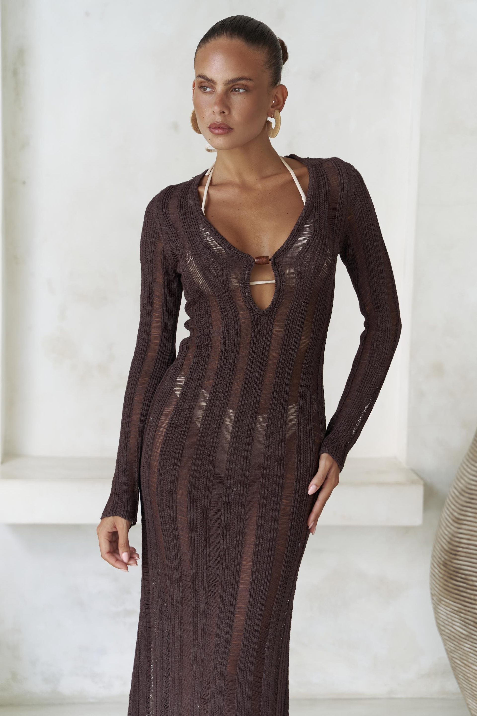 Anandra Boncuk Detay Kahve Triko Uzun Elbise