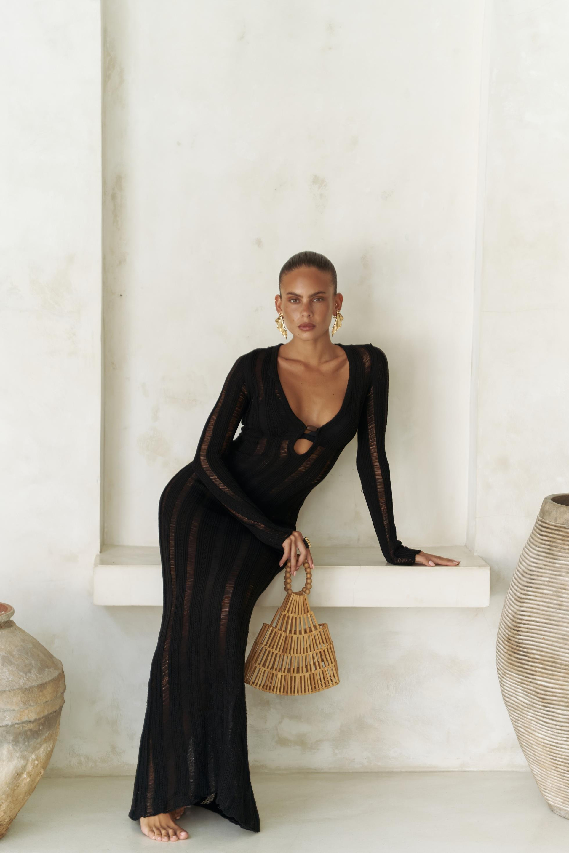 Anandra Boncuk Detay Siyah Triko Uzun Elbise