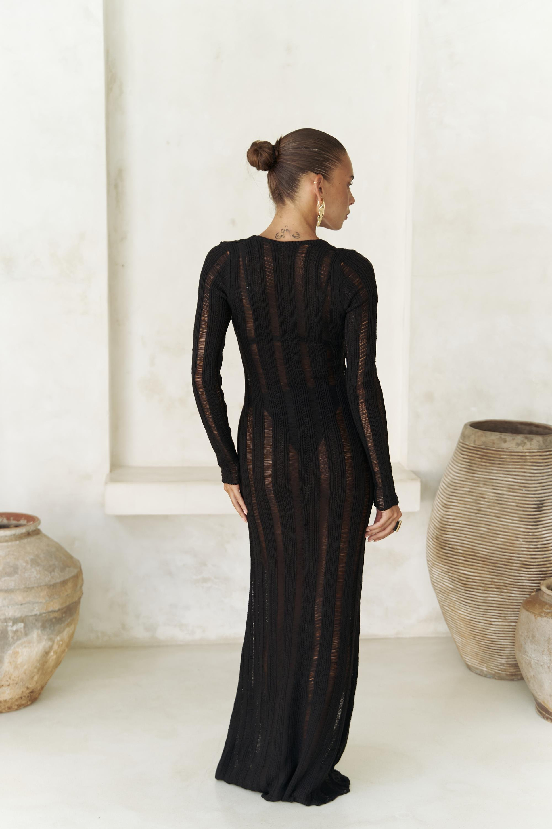 Anandra Boncuk Detay Siyah Triko Uzun Elbise