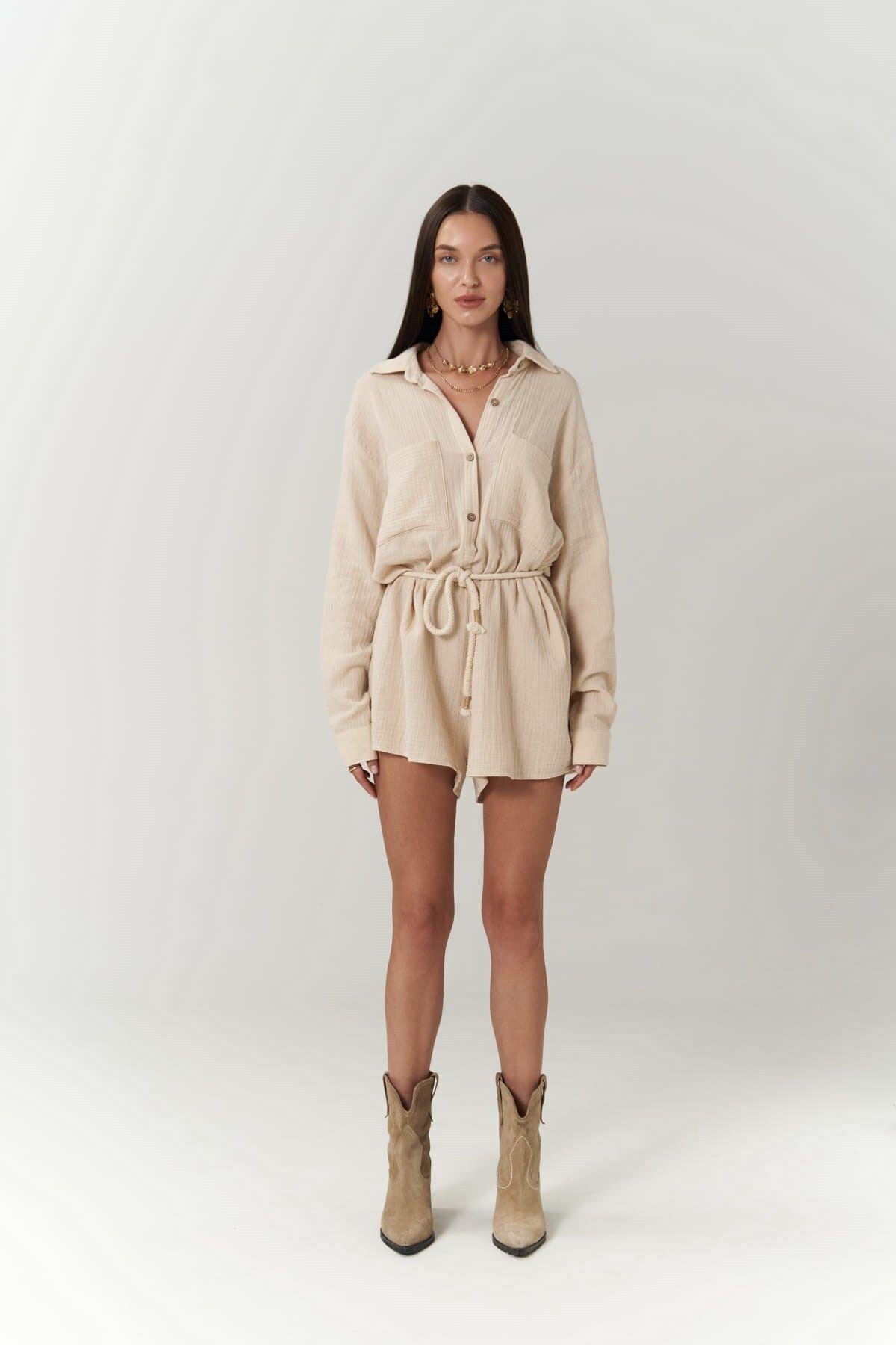 Bohemai Anetta Beige Muslin Short Jumpsuit