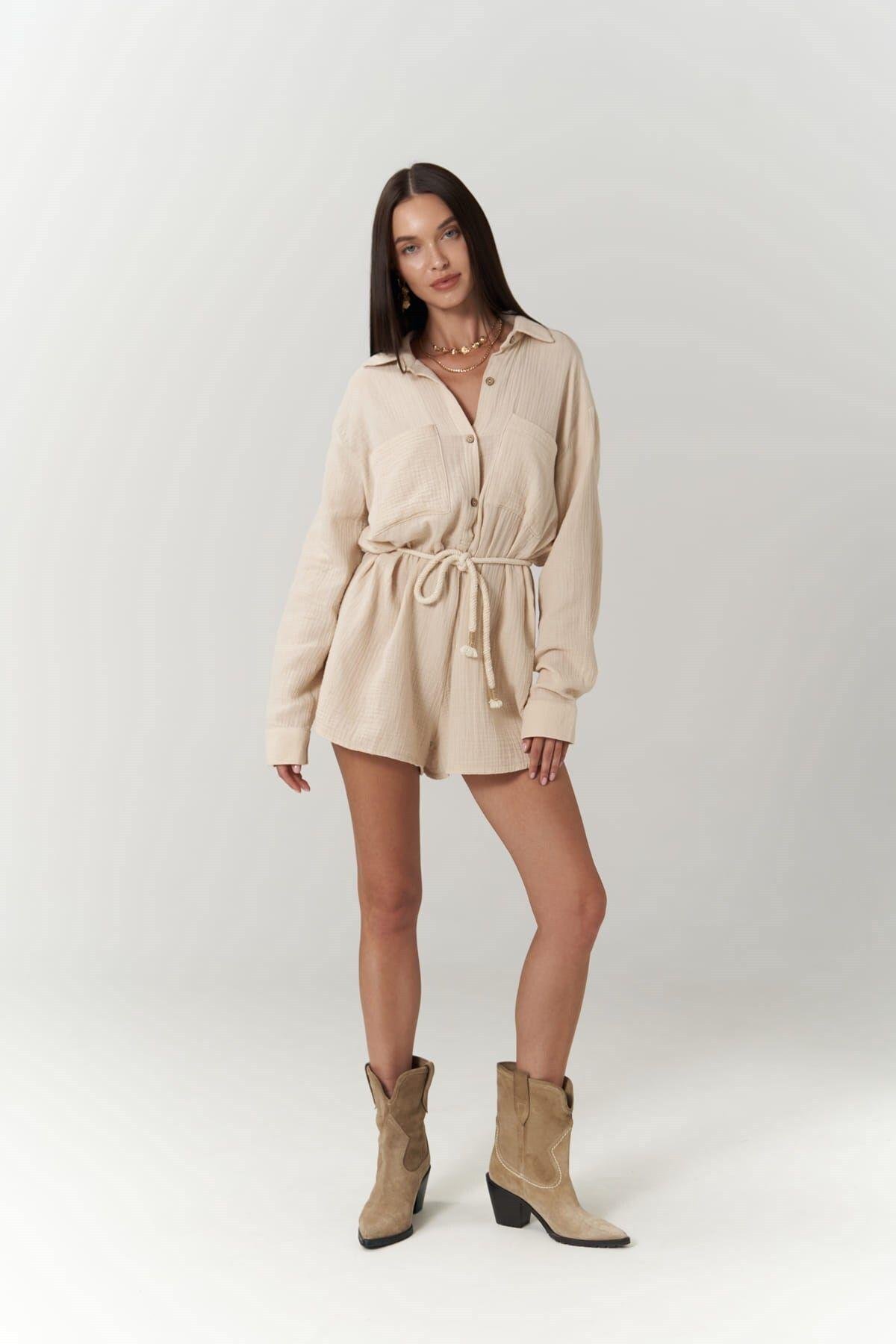 Bohemai Anetta Beige Muslin Short Jumpsuit