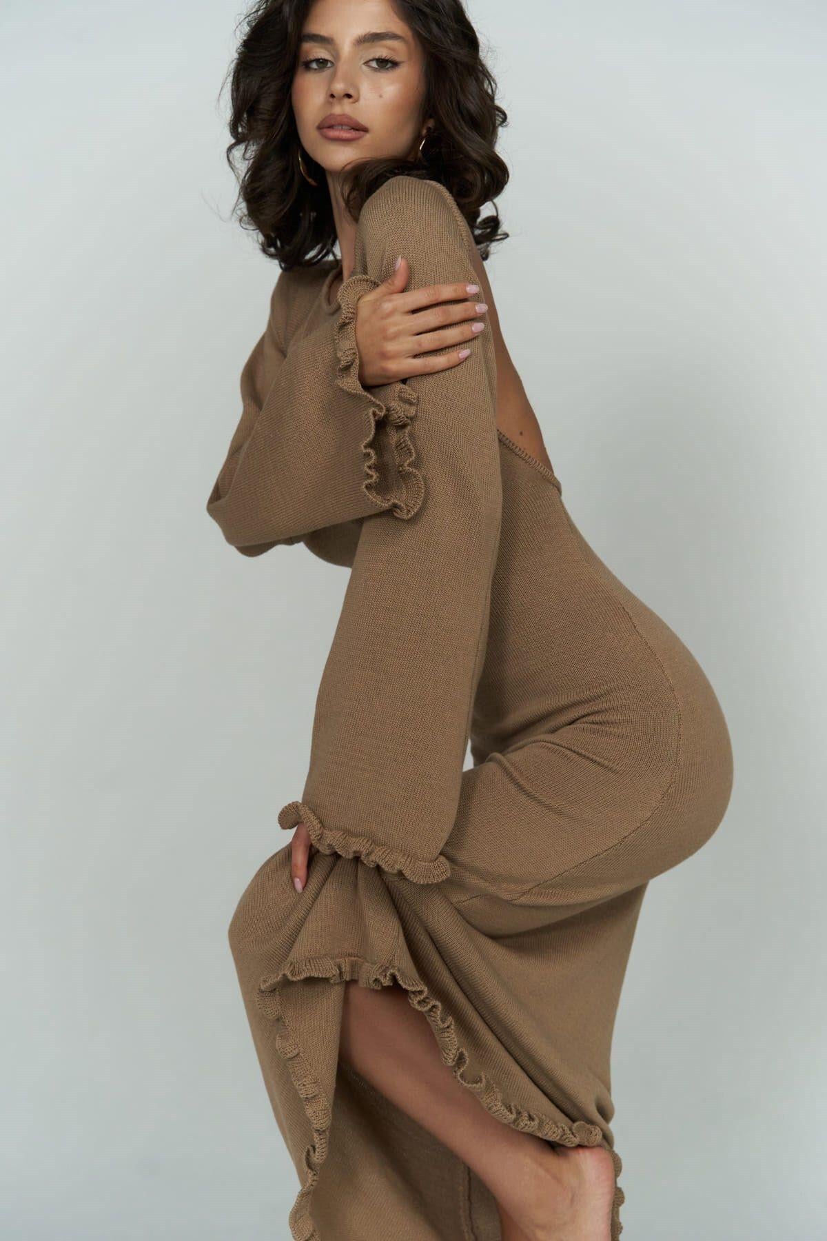 Angela Low Back Light Brown Knit Dress
