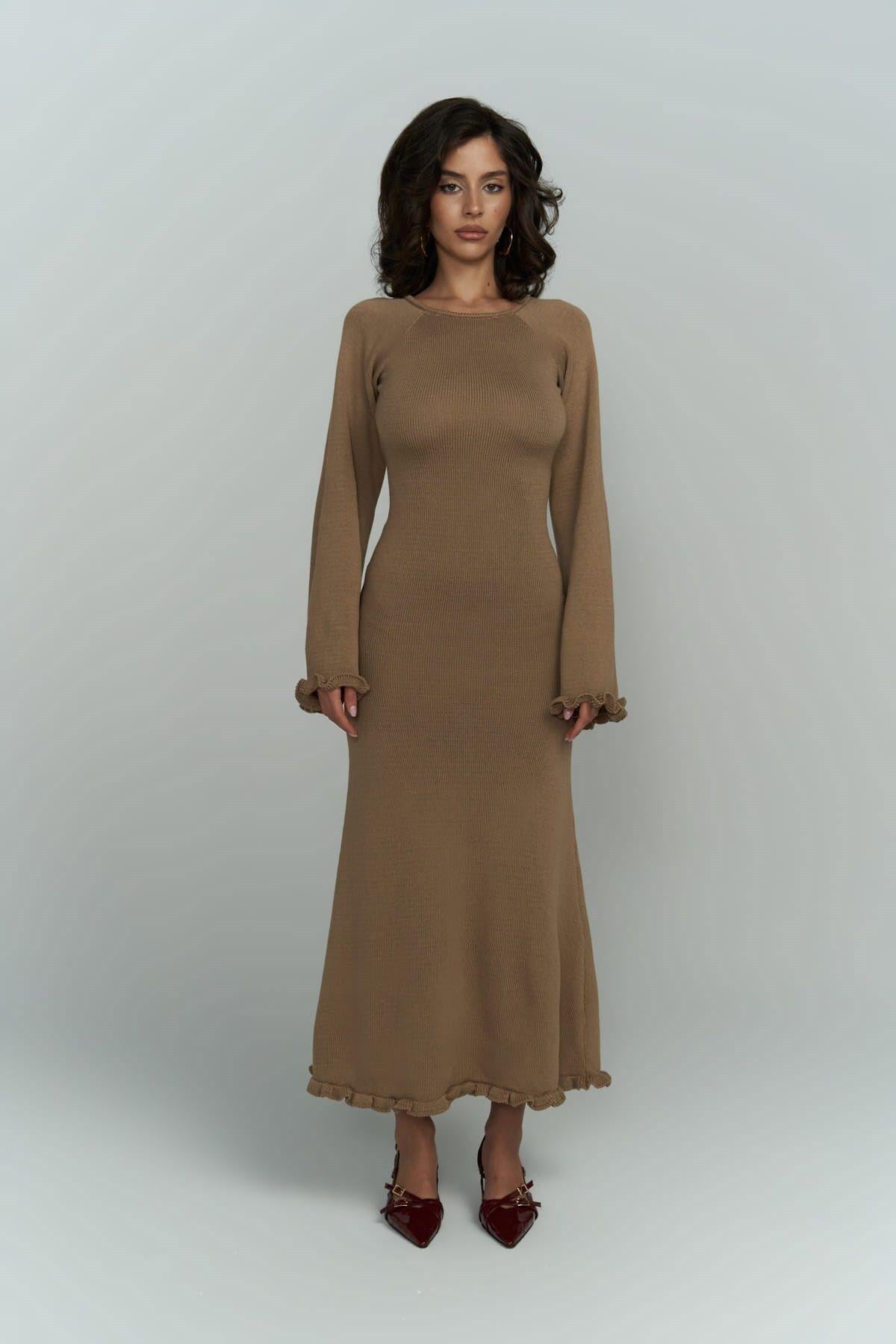 Angela Low Back Light Brown Knit Dress