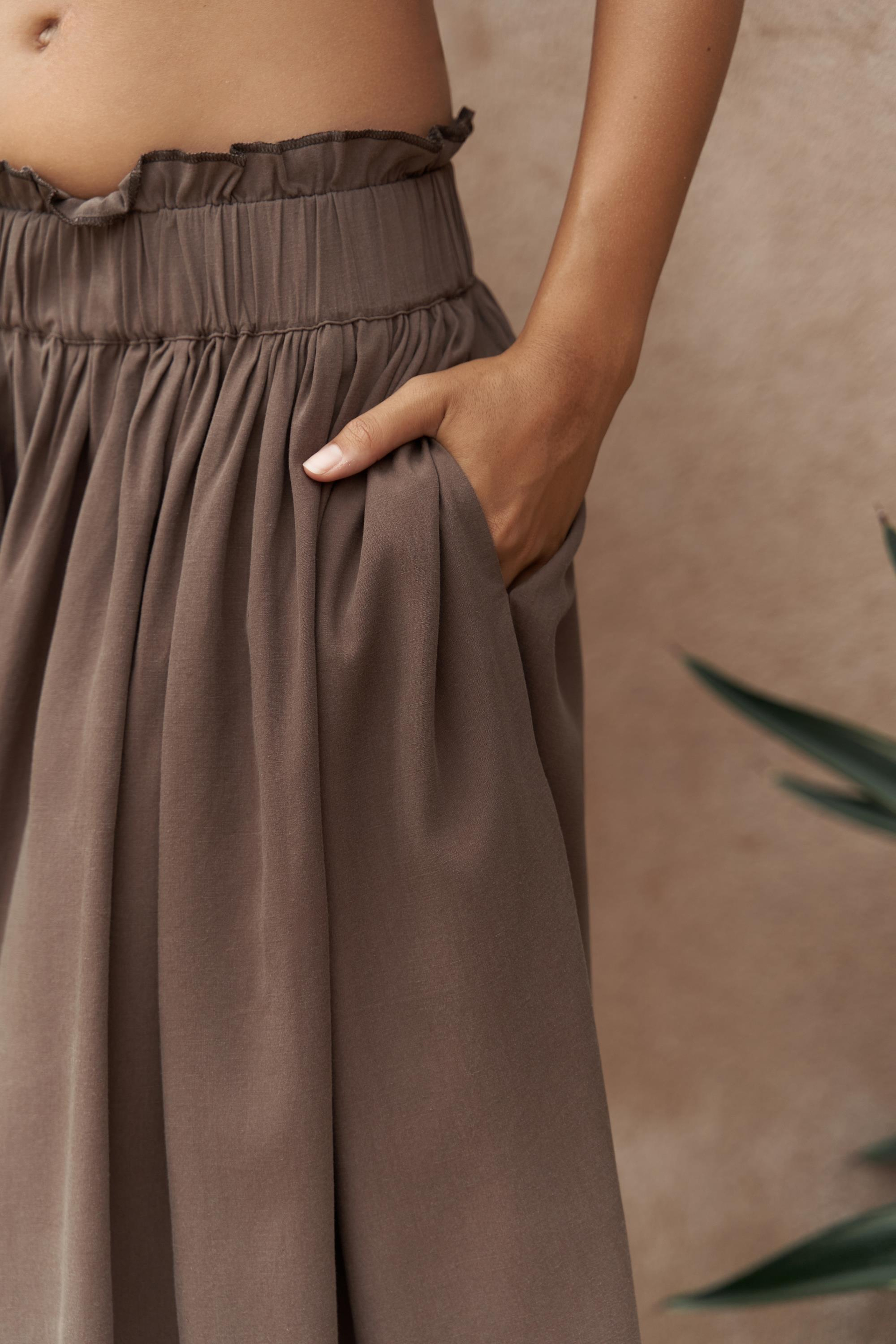 Aninas Lastik Bel Detay Soft Kahve Midi Etek