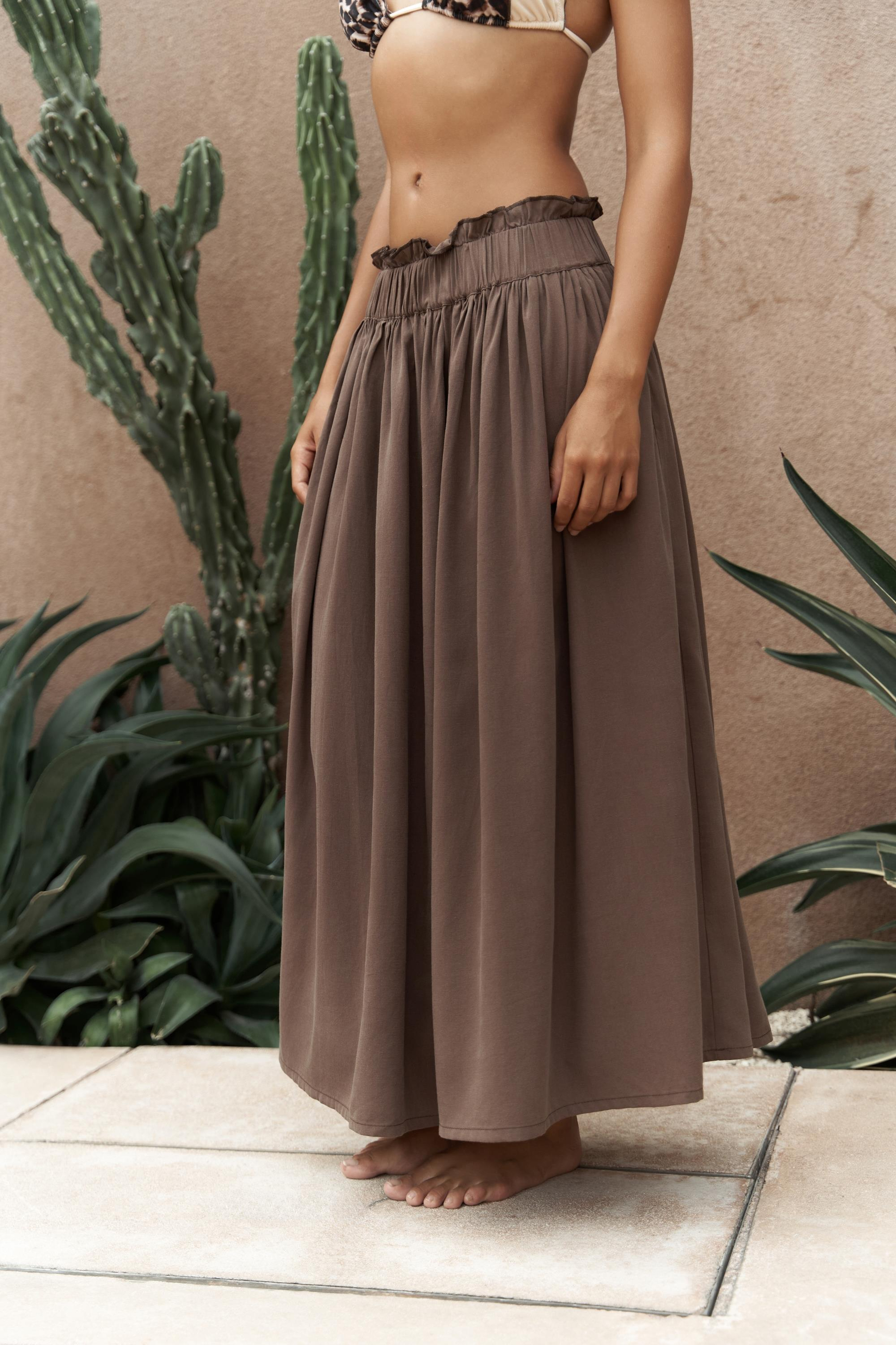 Aninas Lastik Bel Detay Soft Kahve Midi Etek