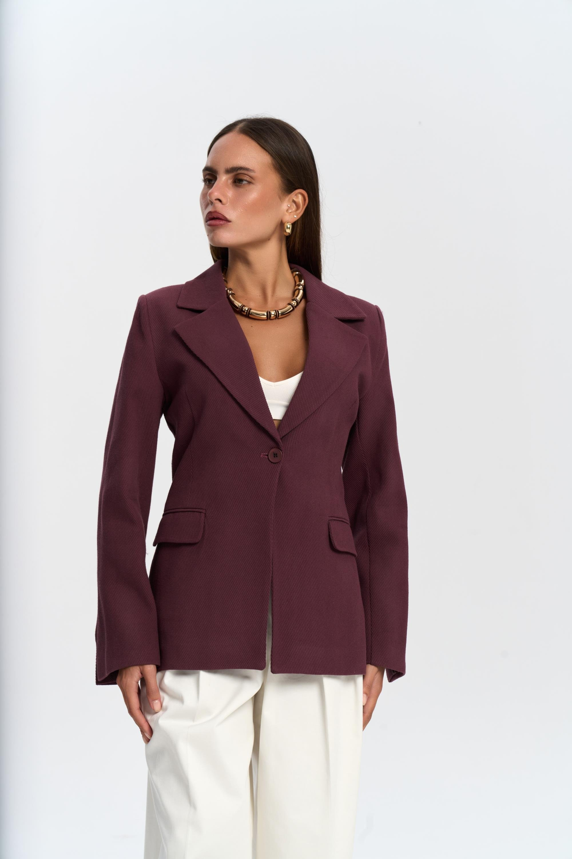 Anisah Waist-Fitted Burgundy Blazer