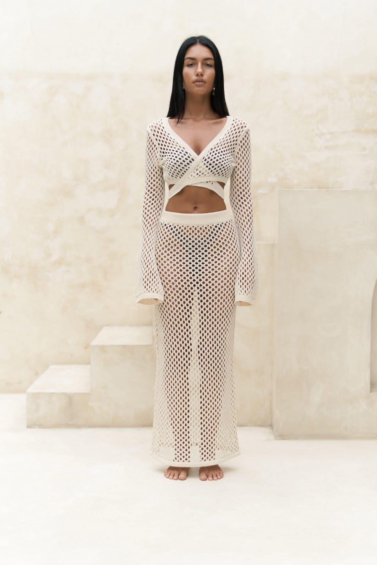 Anse Beige Knit Set with Button Detail 