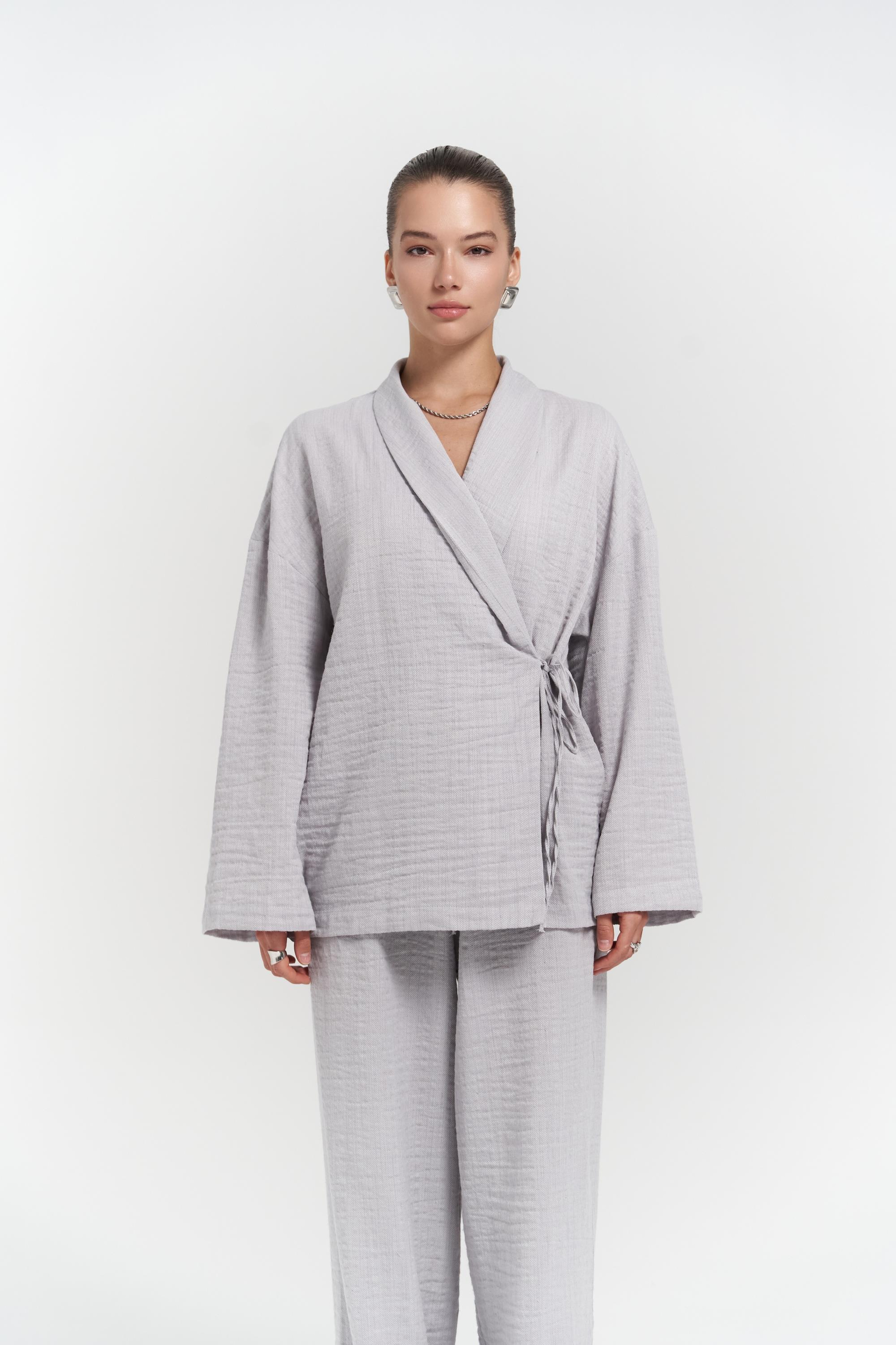 Anya Gri Kimono Pantolon Takım