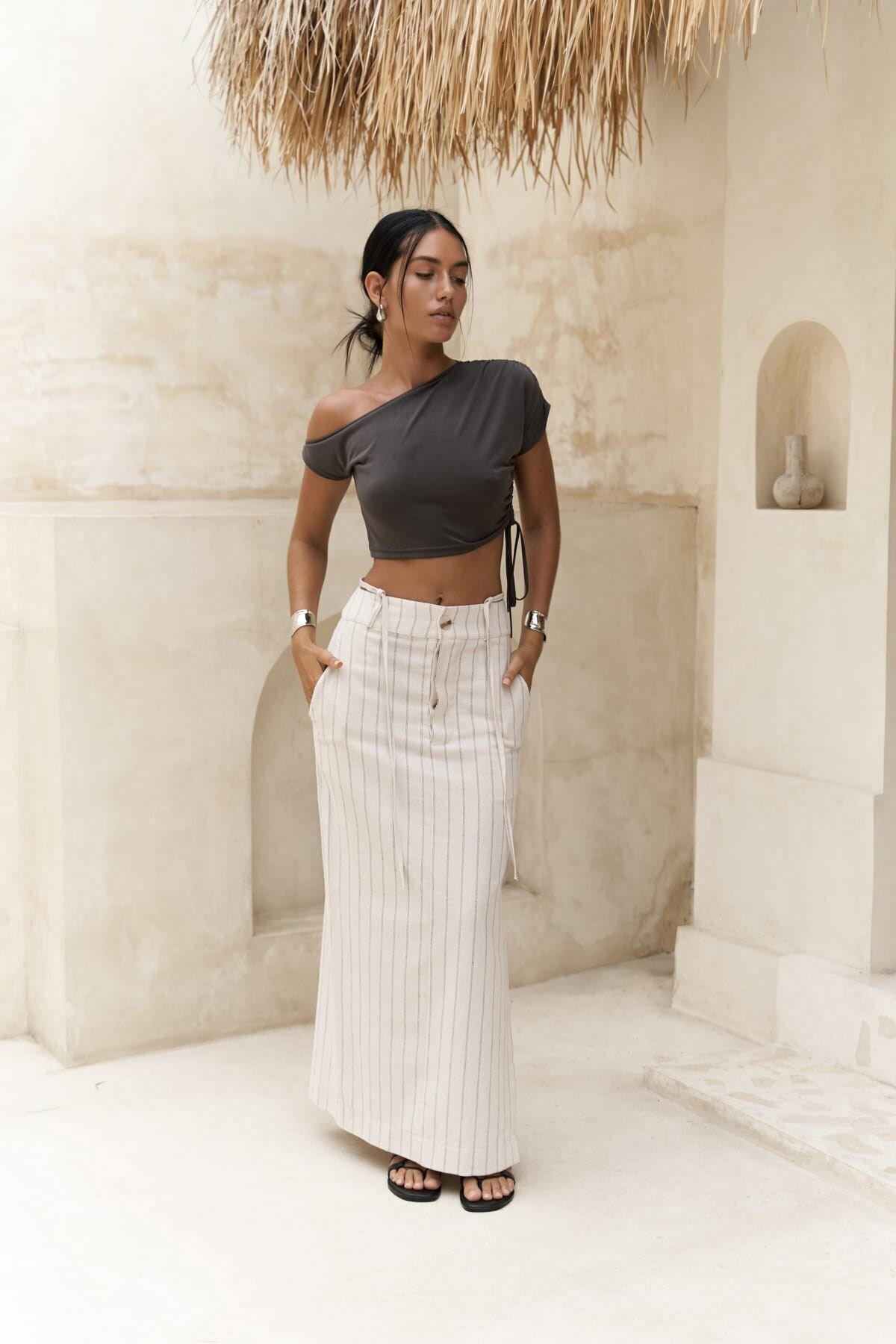 Arya Dark Gray Striped Beige Skirt