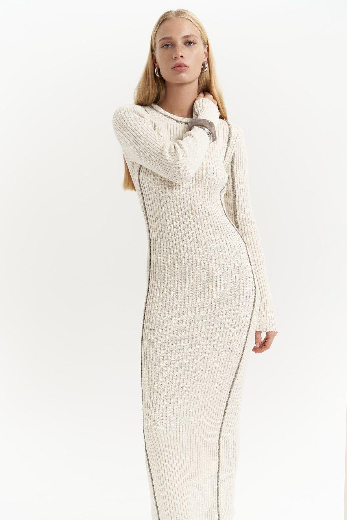 Aston Beige Knit Dress with Contrast Trims
