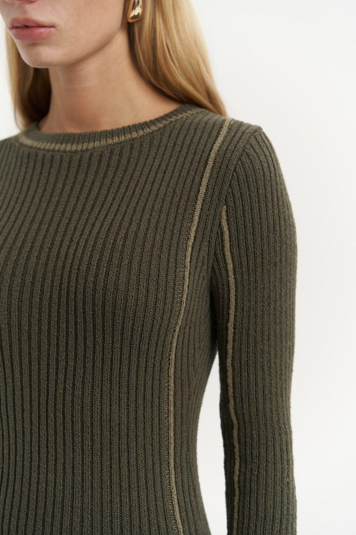Aston Khaki Knit Dress with Contrast Trims