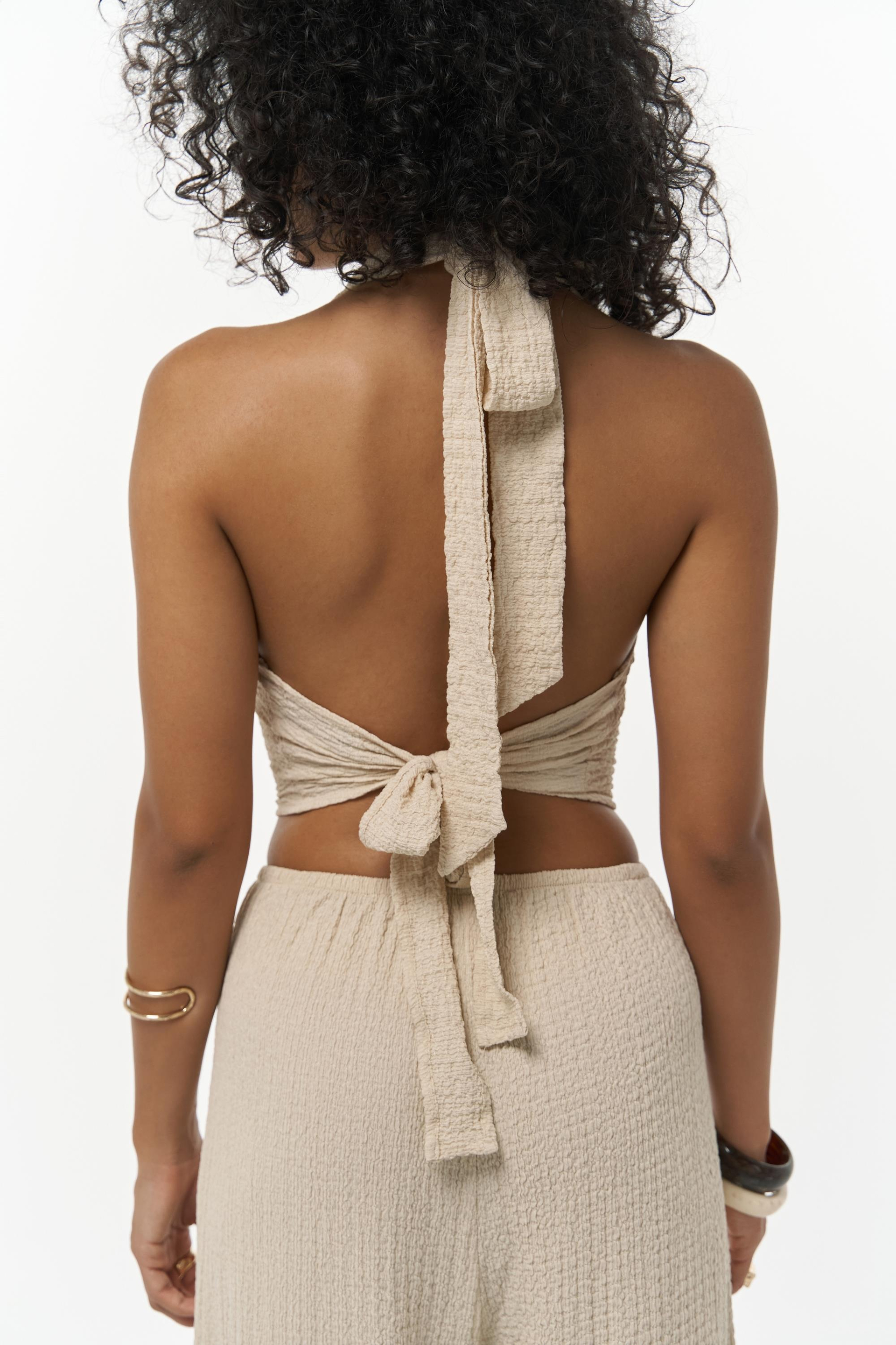 Ayshe Bağlamalı Bej Crop Pantolon Takım