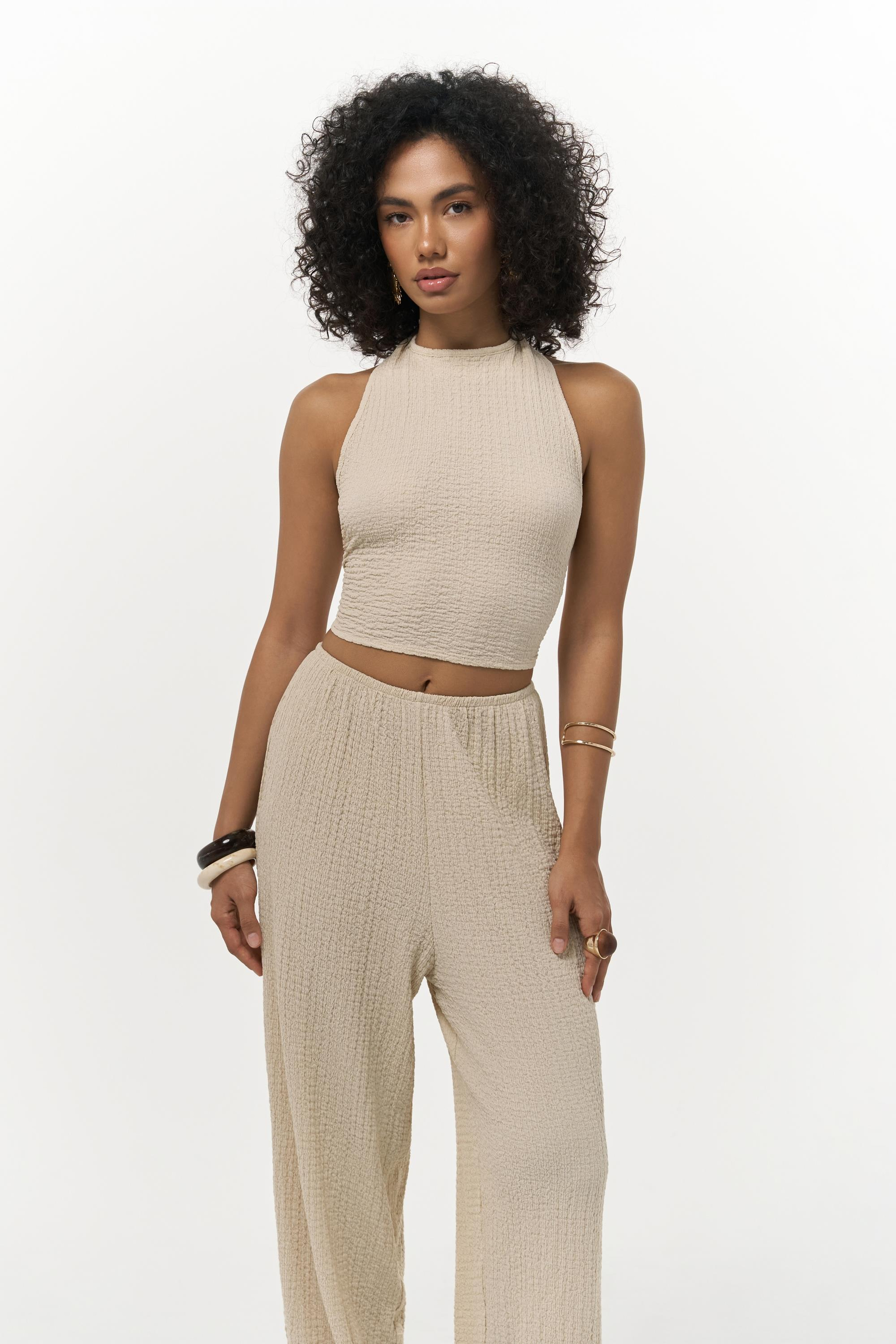 Ayshe Bağlamalı Bej Crop Pantolon Takım