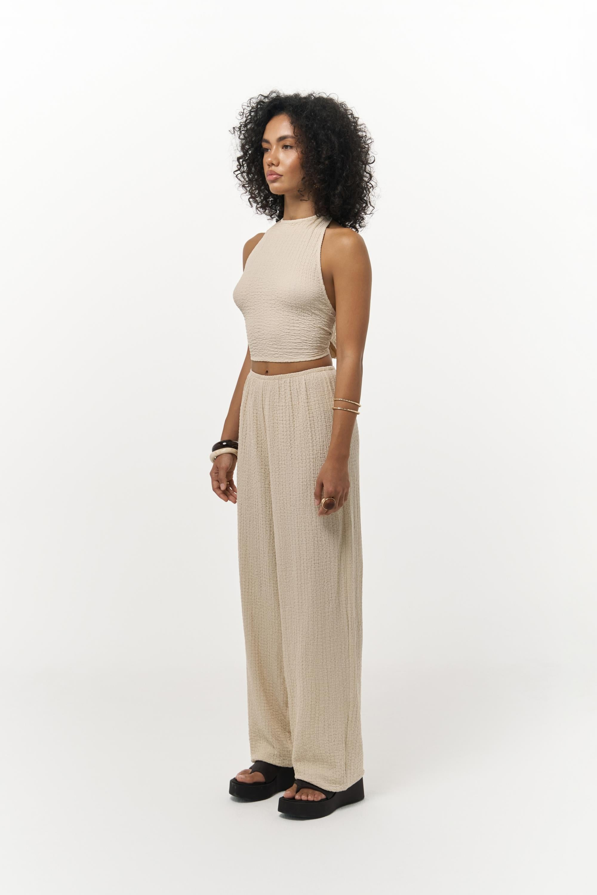 Ayshe Bağlamalı Bej Crop Pantolon Takım