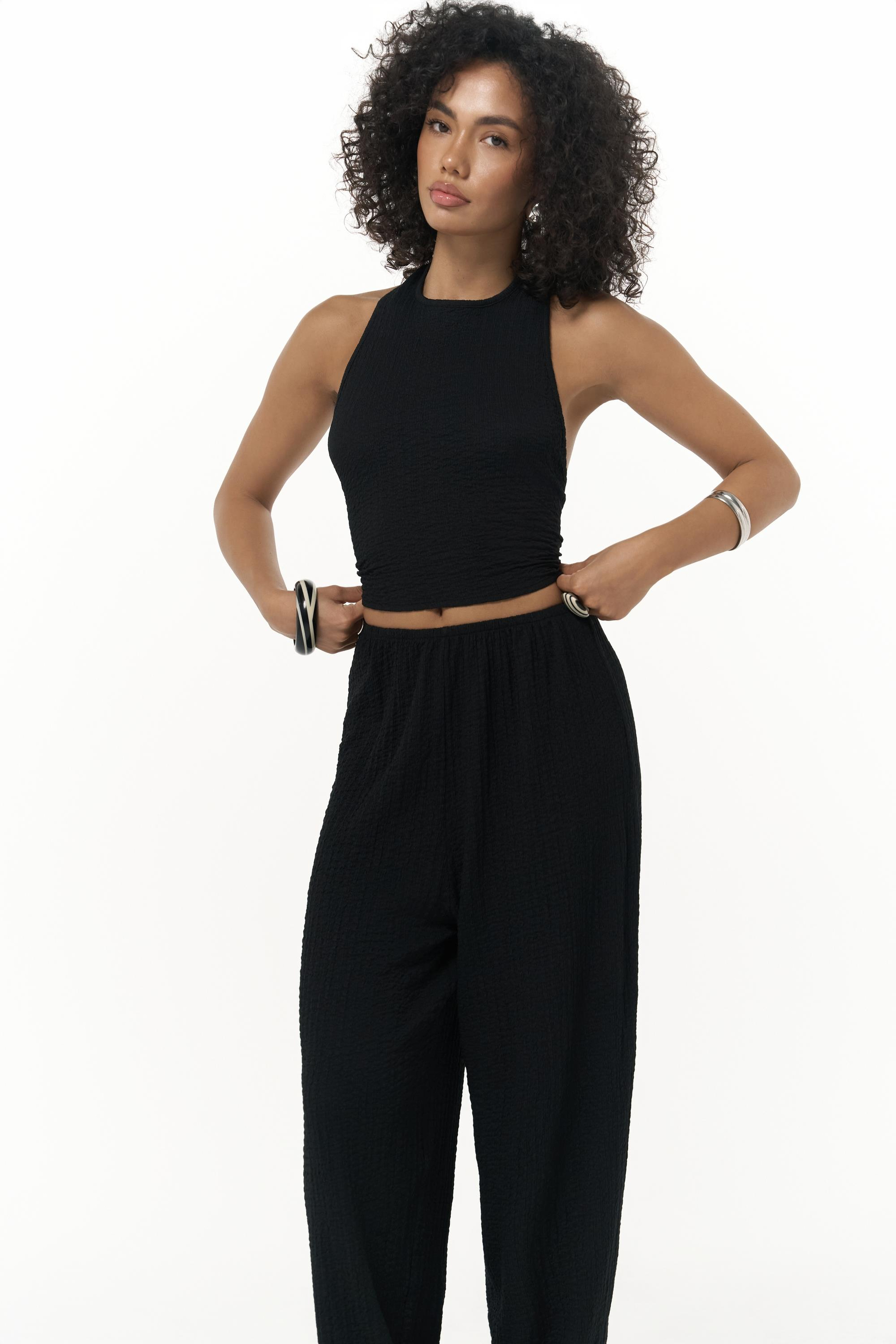 Ayshe Bağlamalı Crop Pantolon Takım - SIYAH