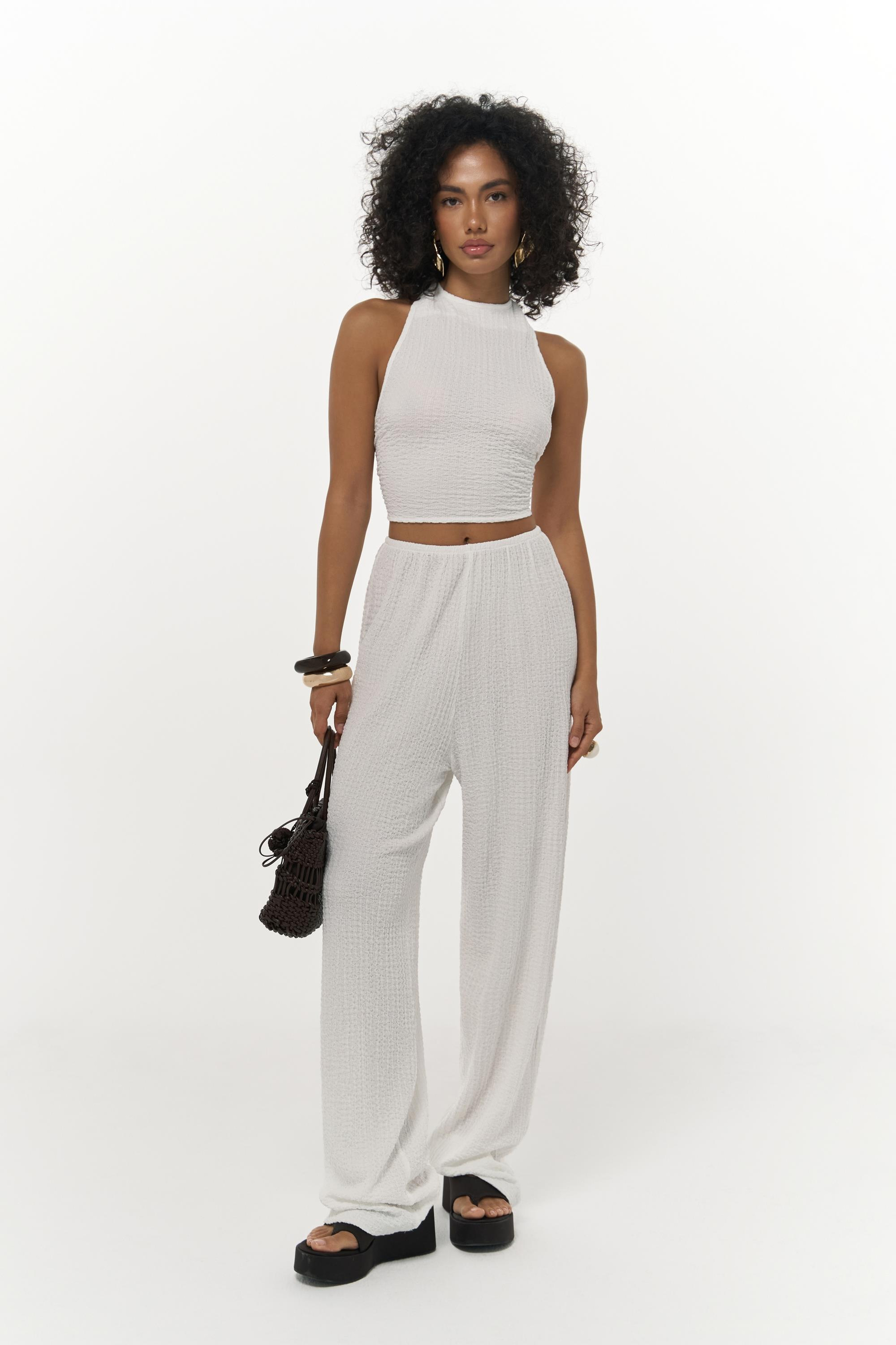 Ayshe Bağlamalı Ekru Crop Pantolon Takım