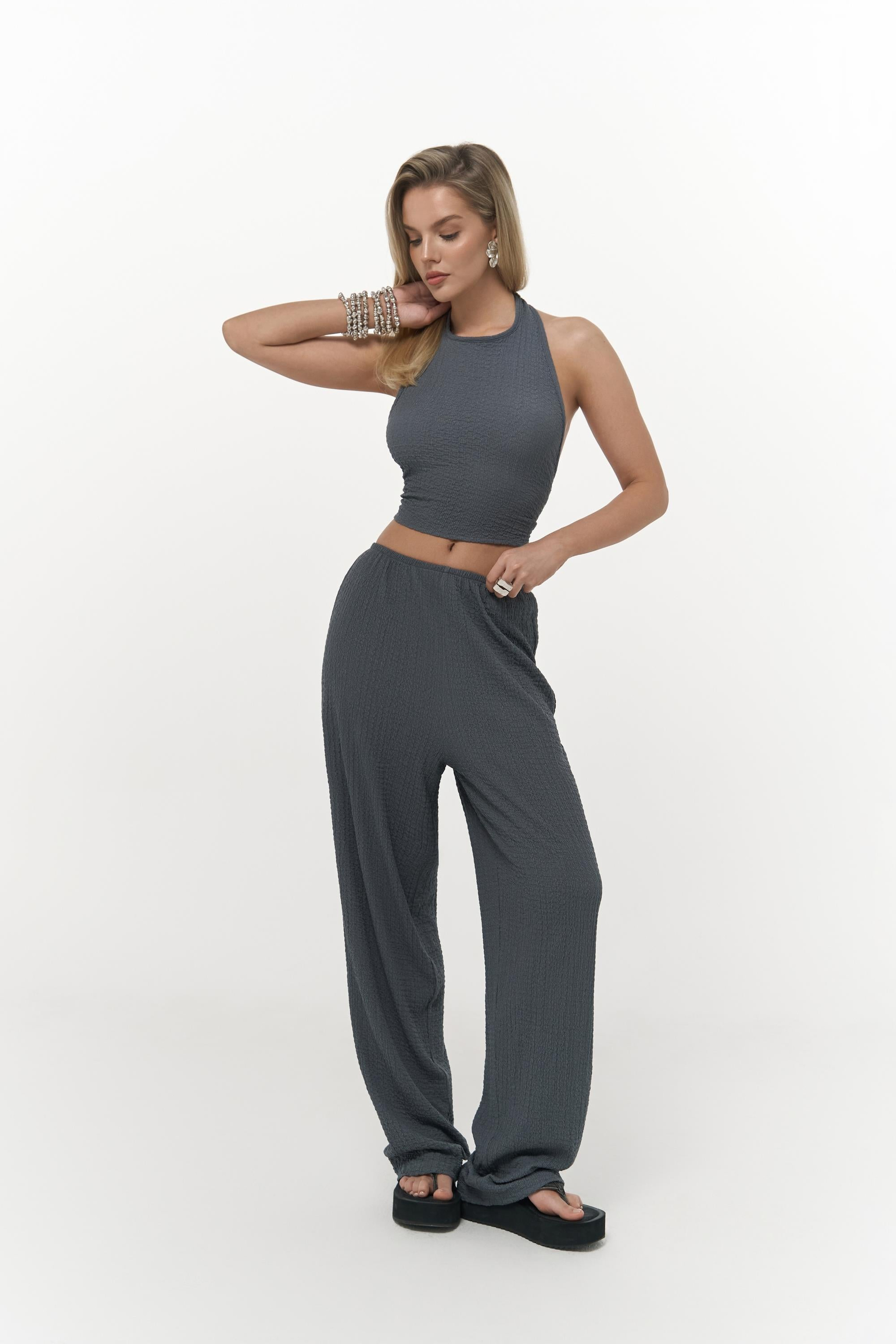 Ayshe Bağlamalı Füme Crop Pantolon Takım