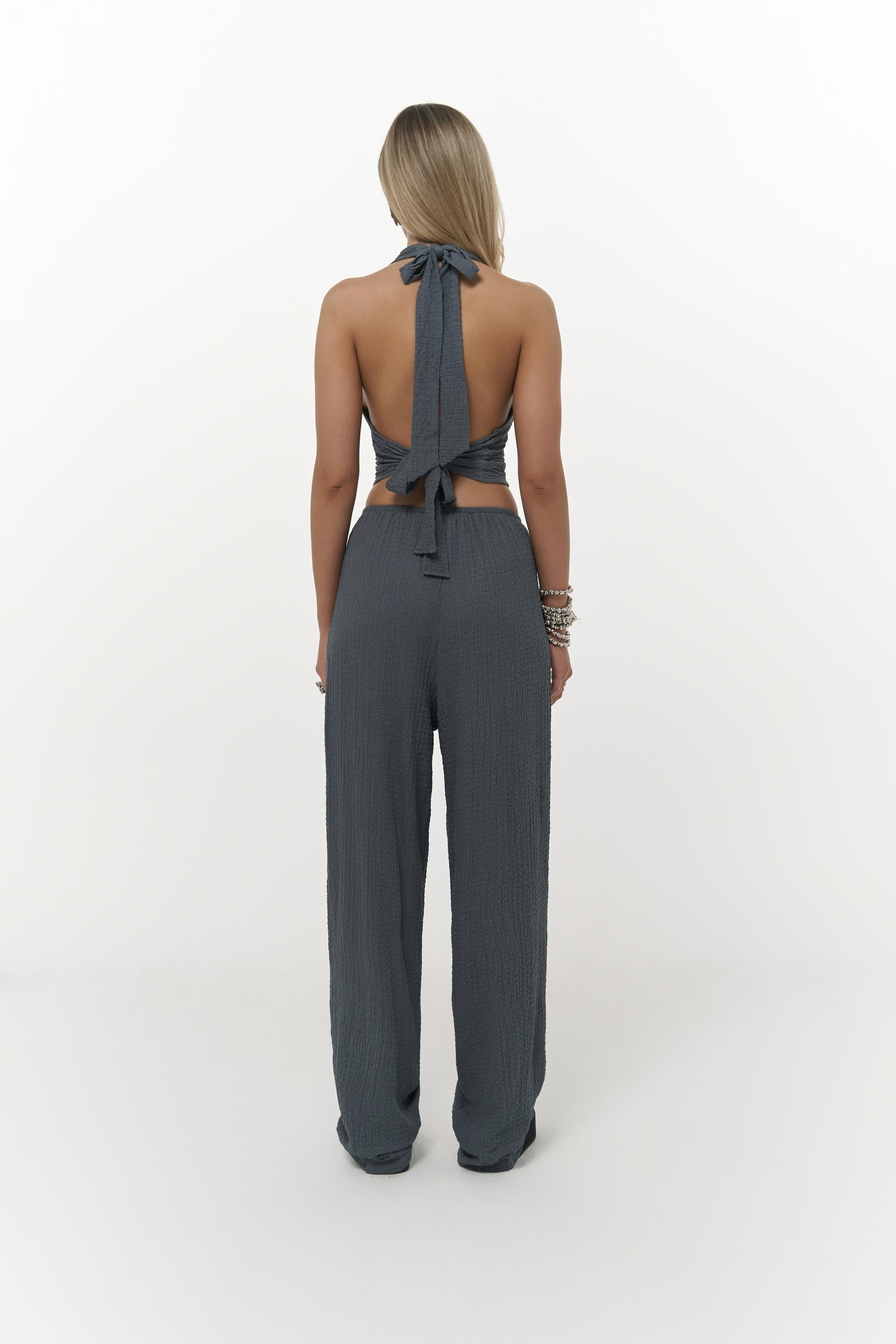 Ayshe Bağlamalı Füme Crop Pantolon Takım