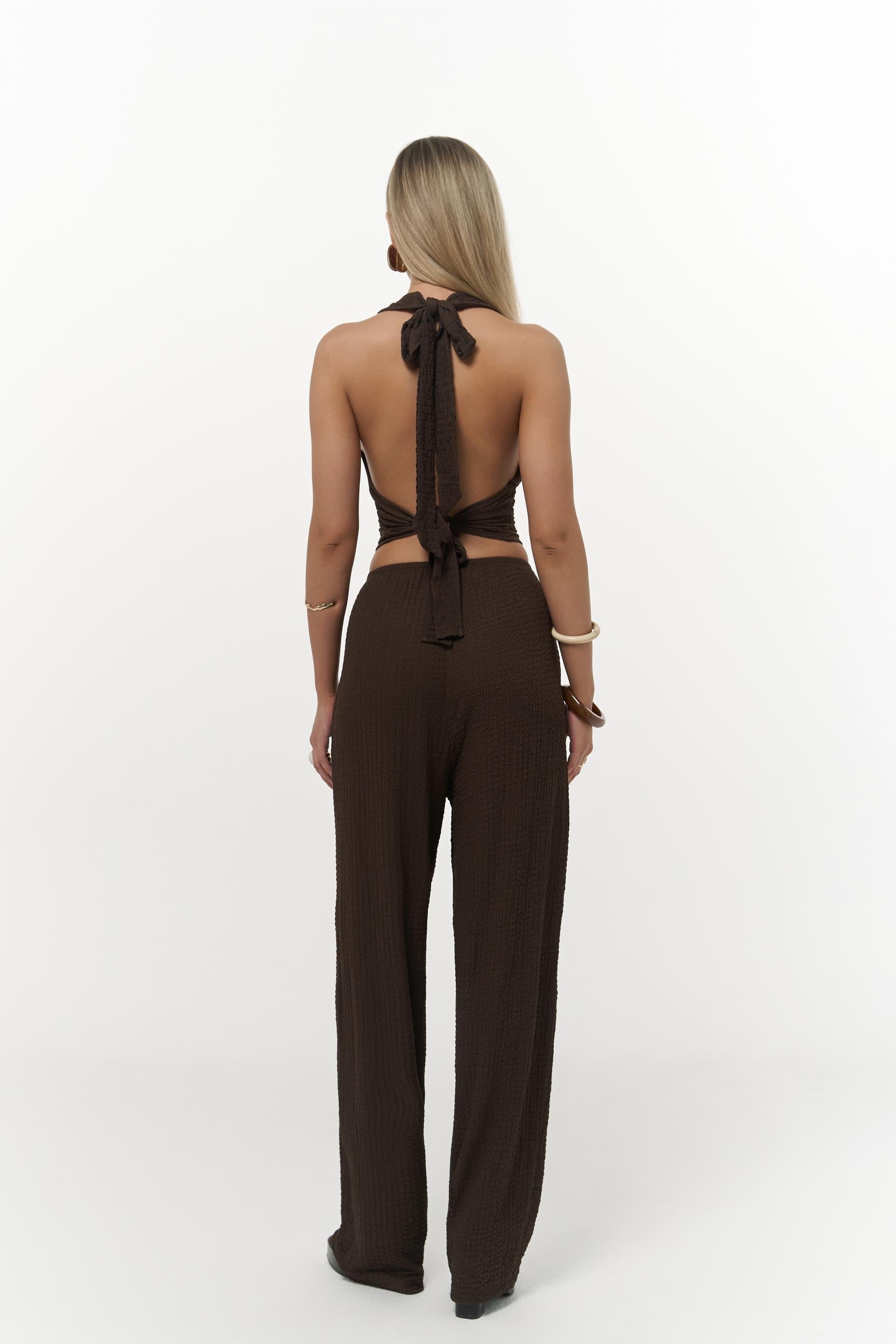 Ayshe Bağlamalı Kahve Crop Pantolon Takım