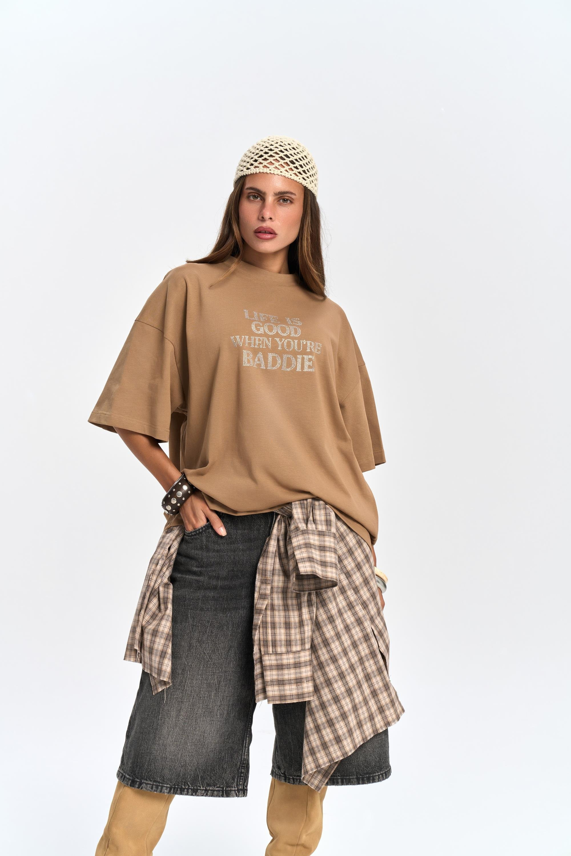 Baddie Oversize Açık Haki T-Shirt