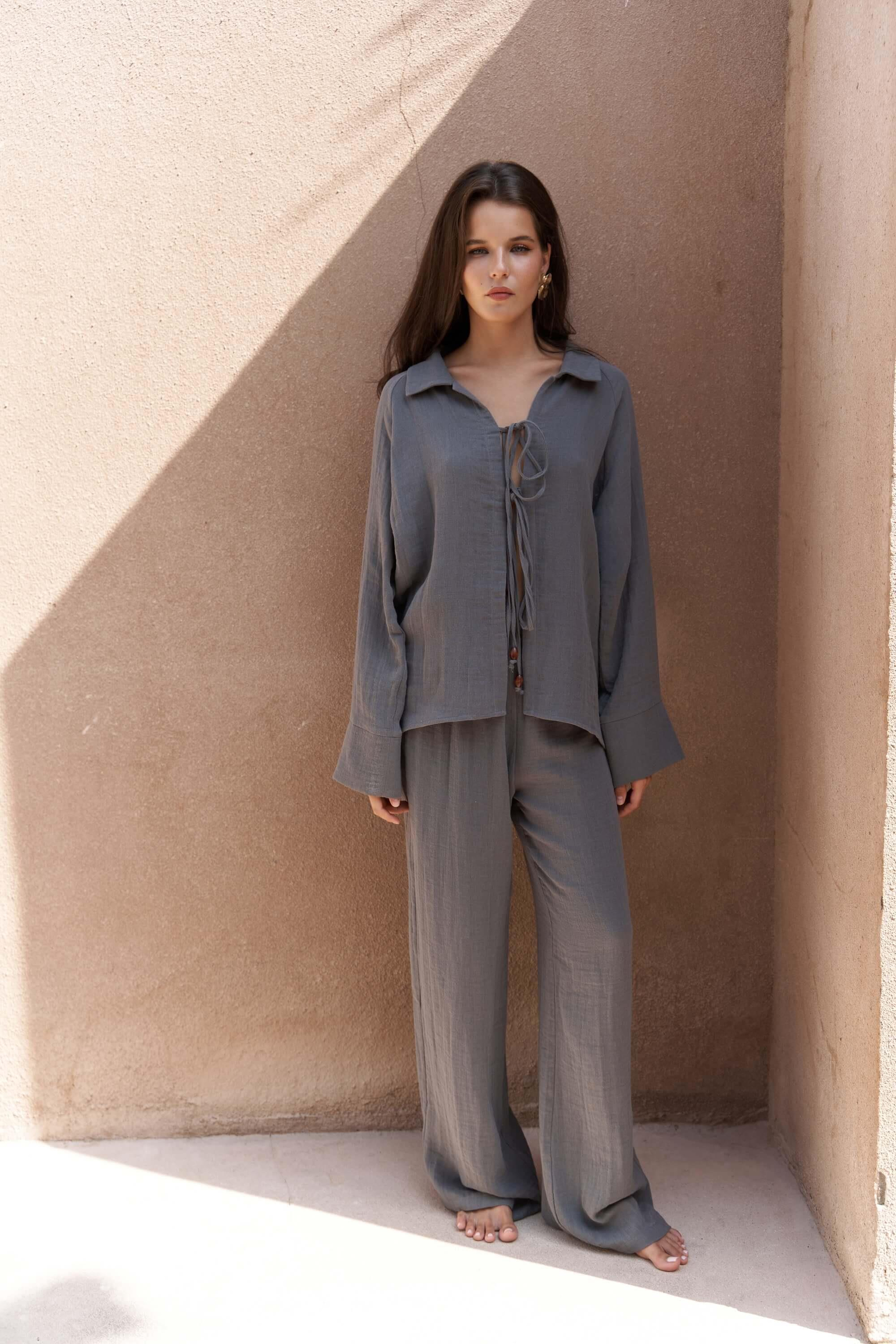 Bali Boncuklu Antrasit Müslin Takım