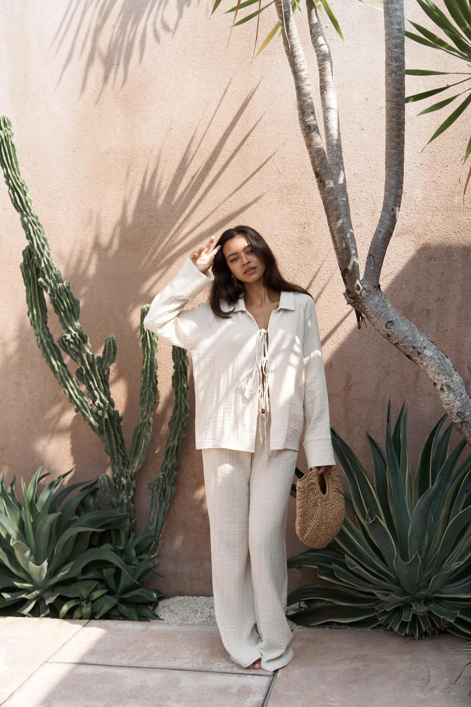 Bali Boncuklu Bej Müslin Takım 