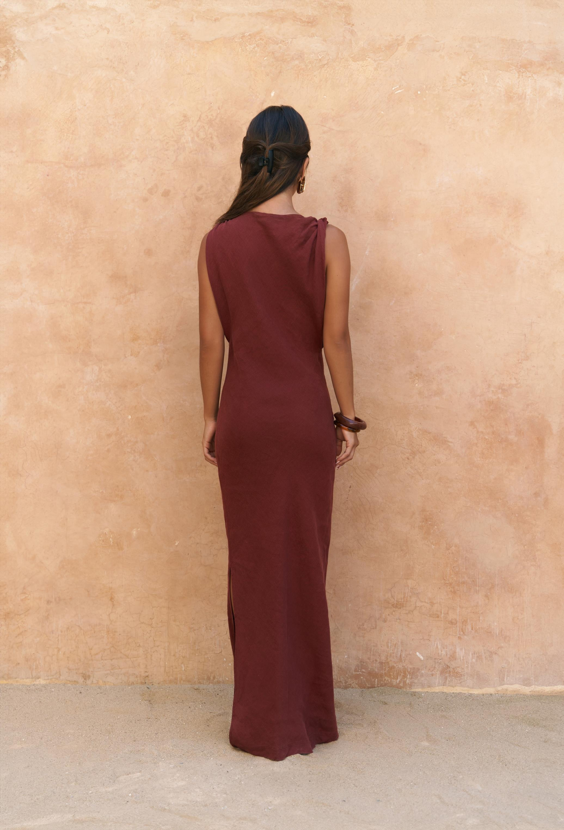 Barabla Kolsuz Uzun Kiremit Keten Elbise