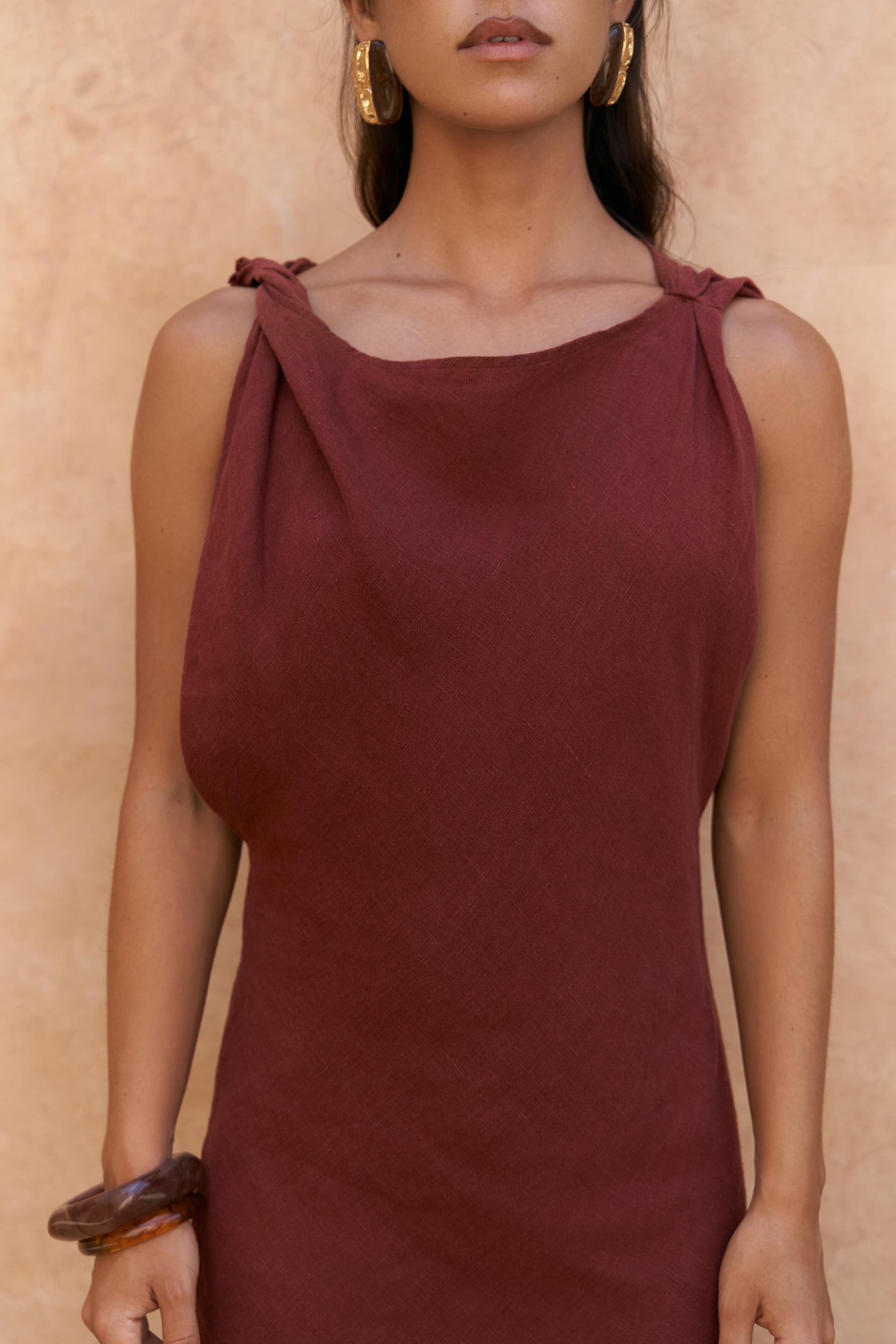 Barabla Kolsuz Uzun Kiremit Keten Elbise