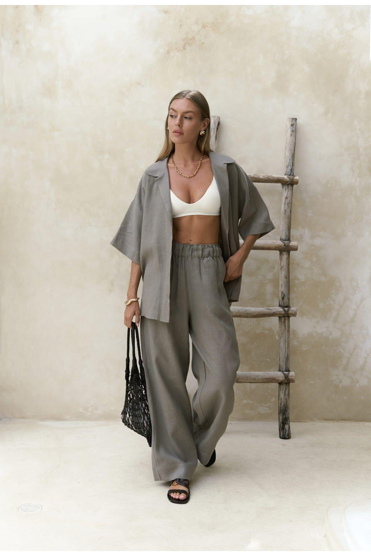 Baron Füme Keten Gömlek Pantolon Takım