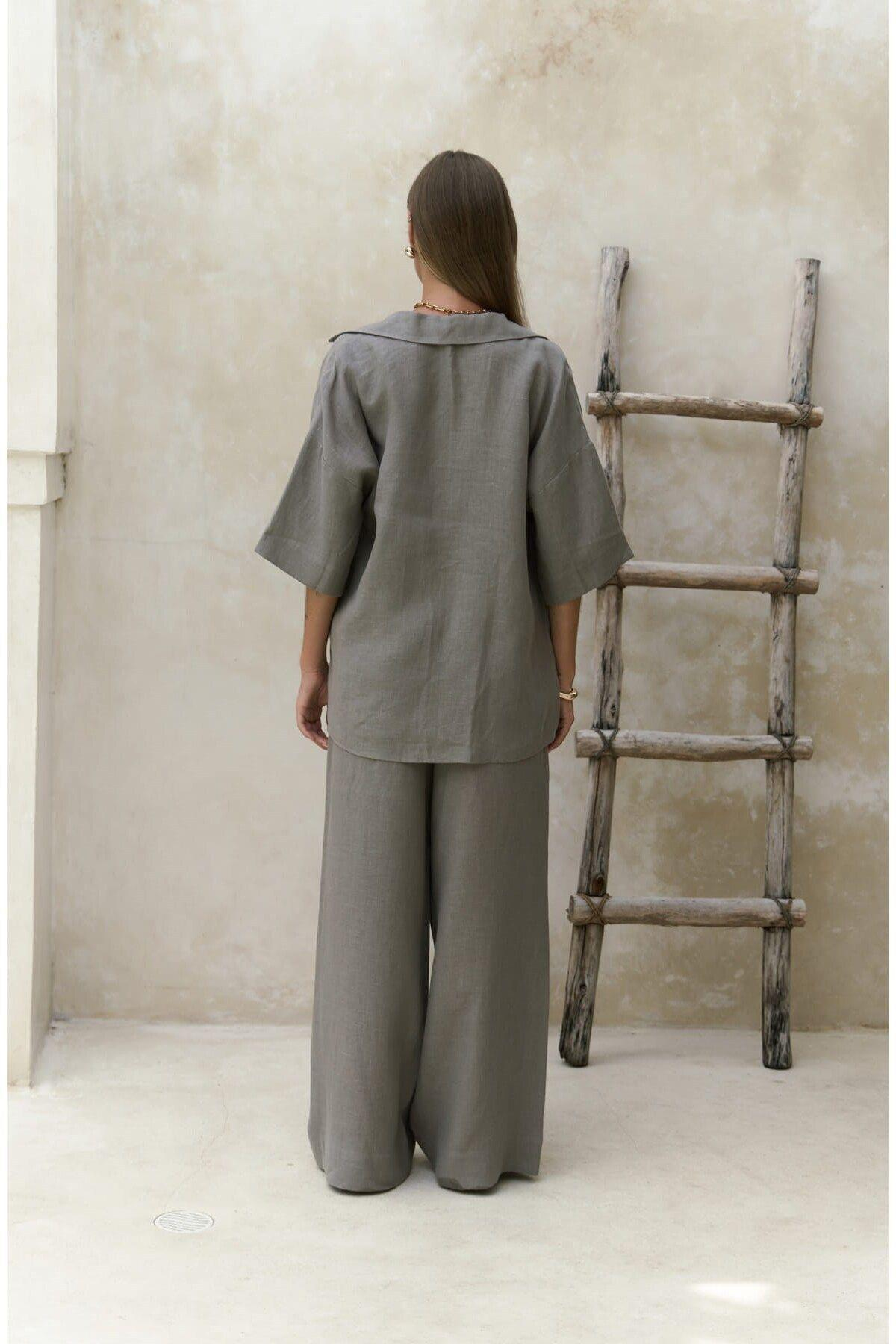 Baron Füme Keten Gömlek Pantolon Takım