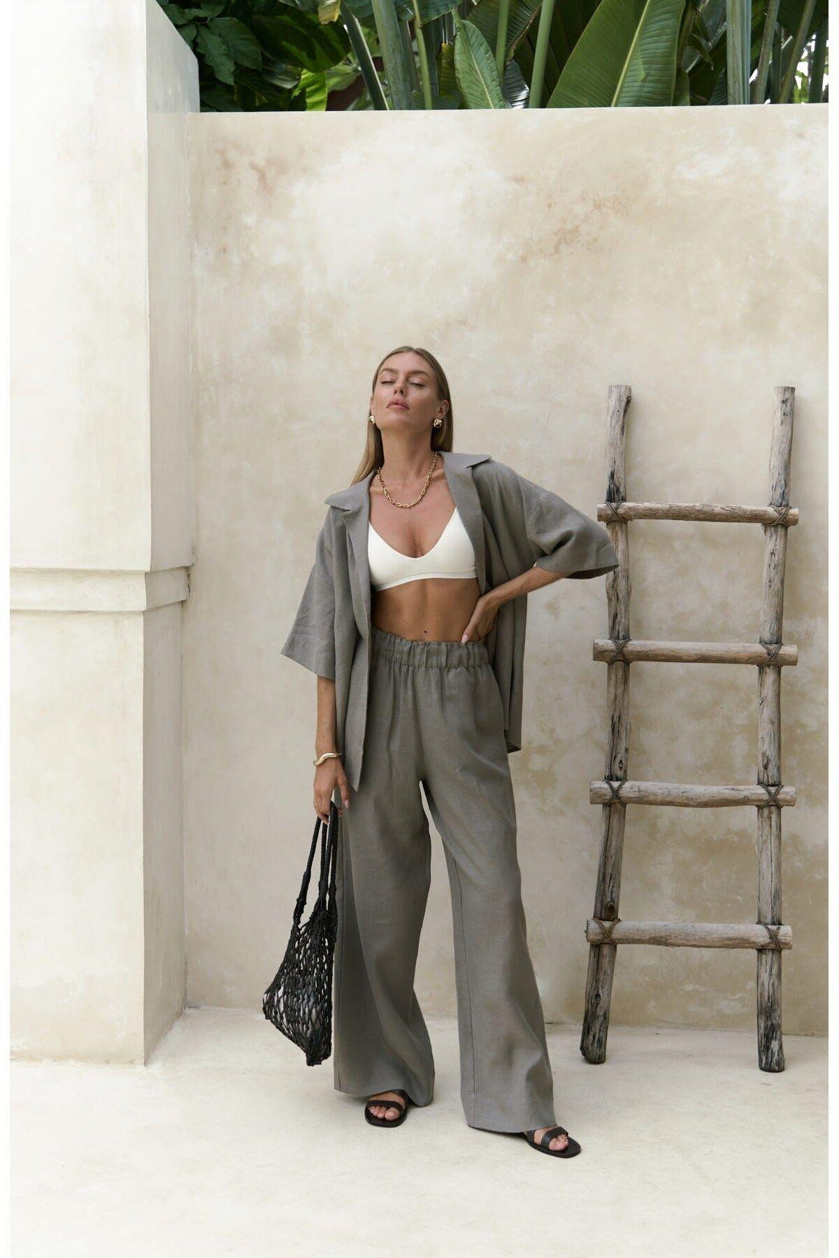 Baron Füme Keten Gömlek Pantolon Takım