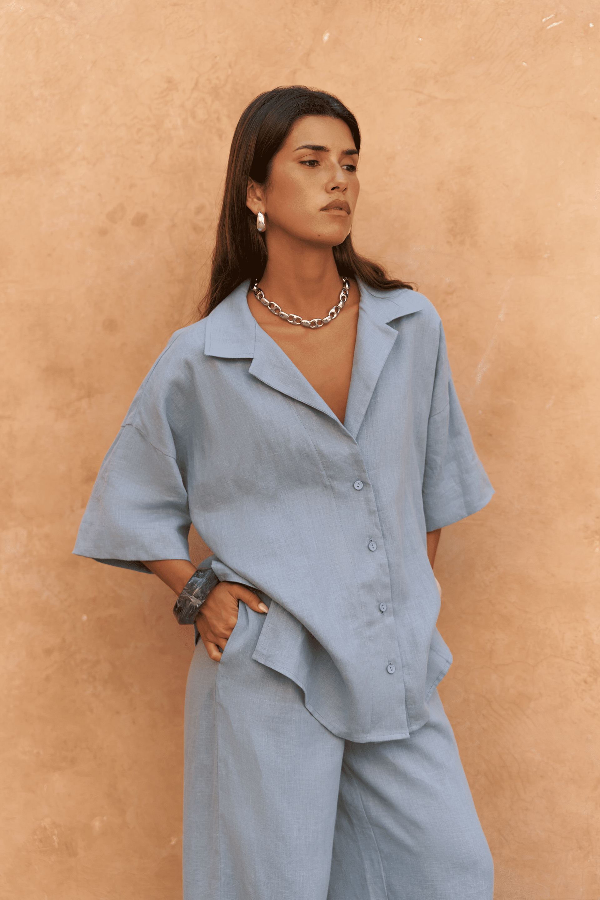 Baron Mavi Keten Gömlek Pantolon Takım