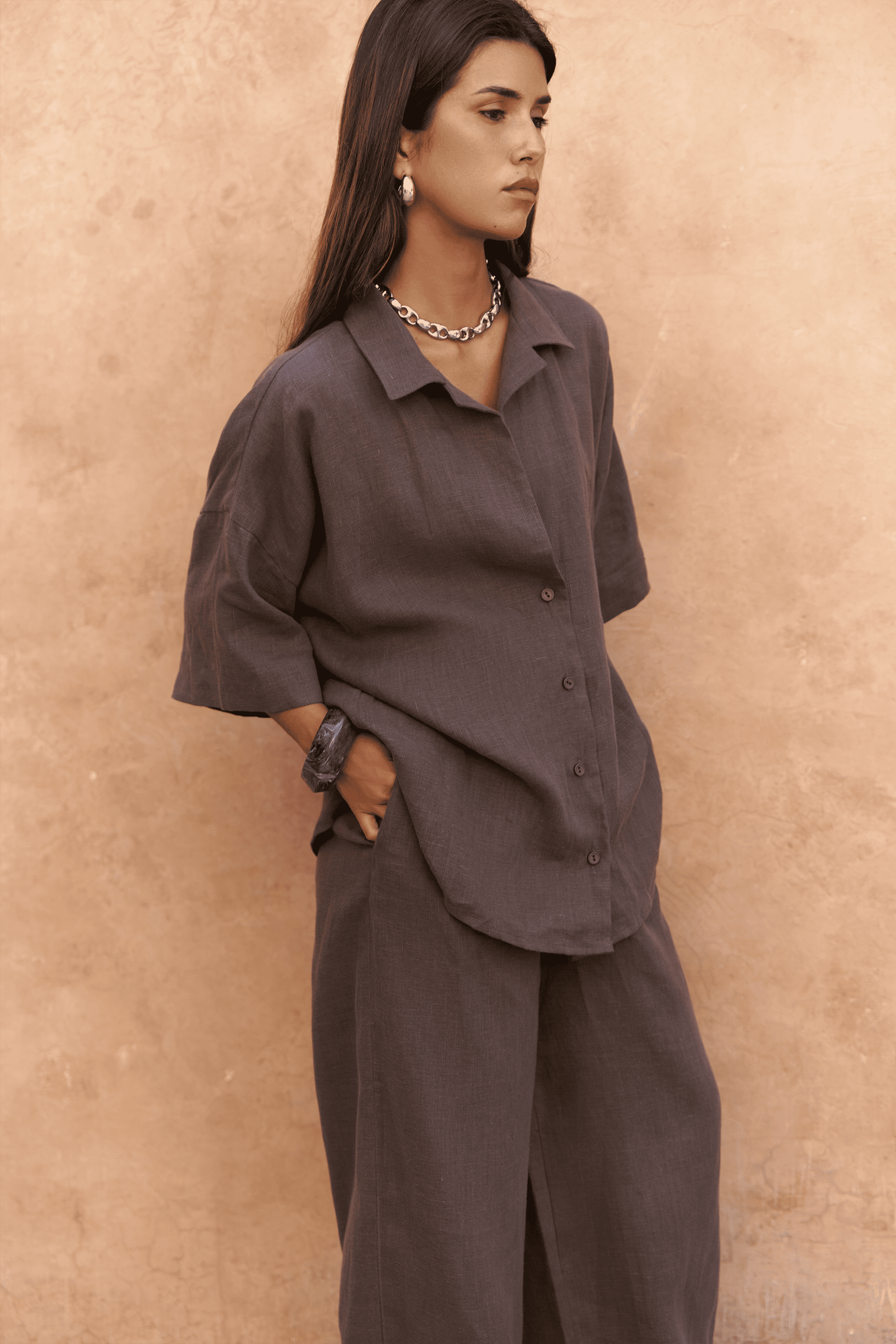 Baron Soft Kahve Keten Gömlek Pantolon Takım