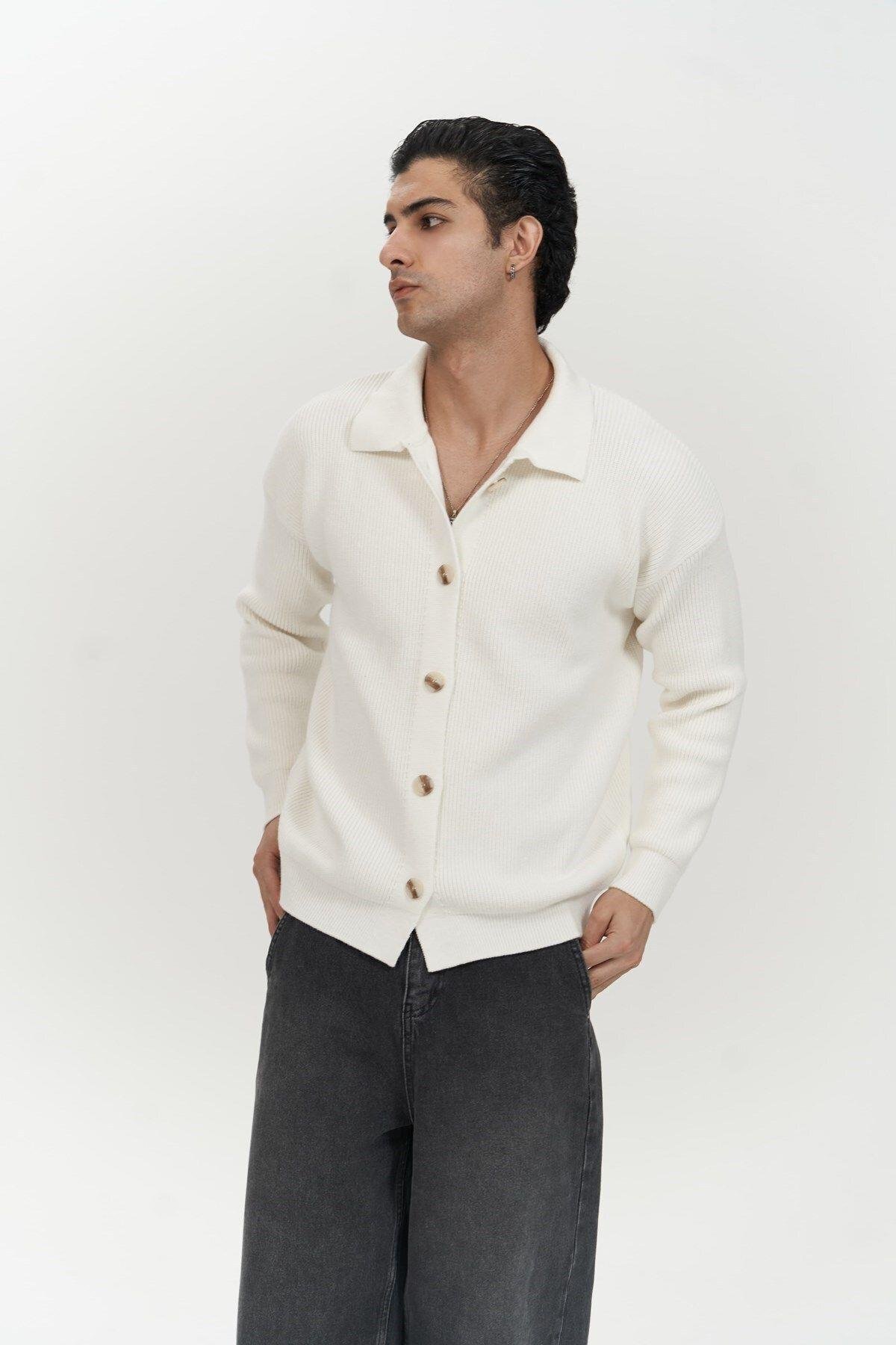 Bastian Men's Ecru Knit Cardigan with Button Detail