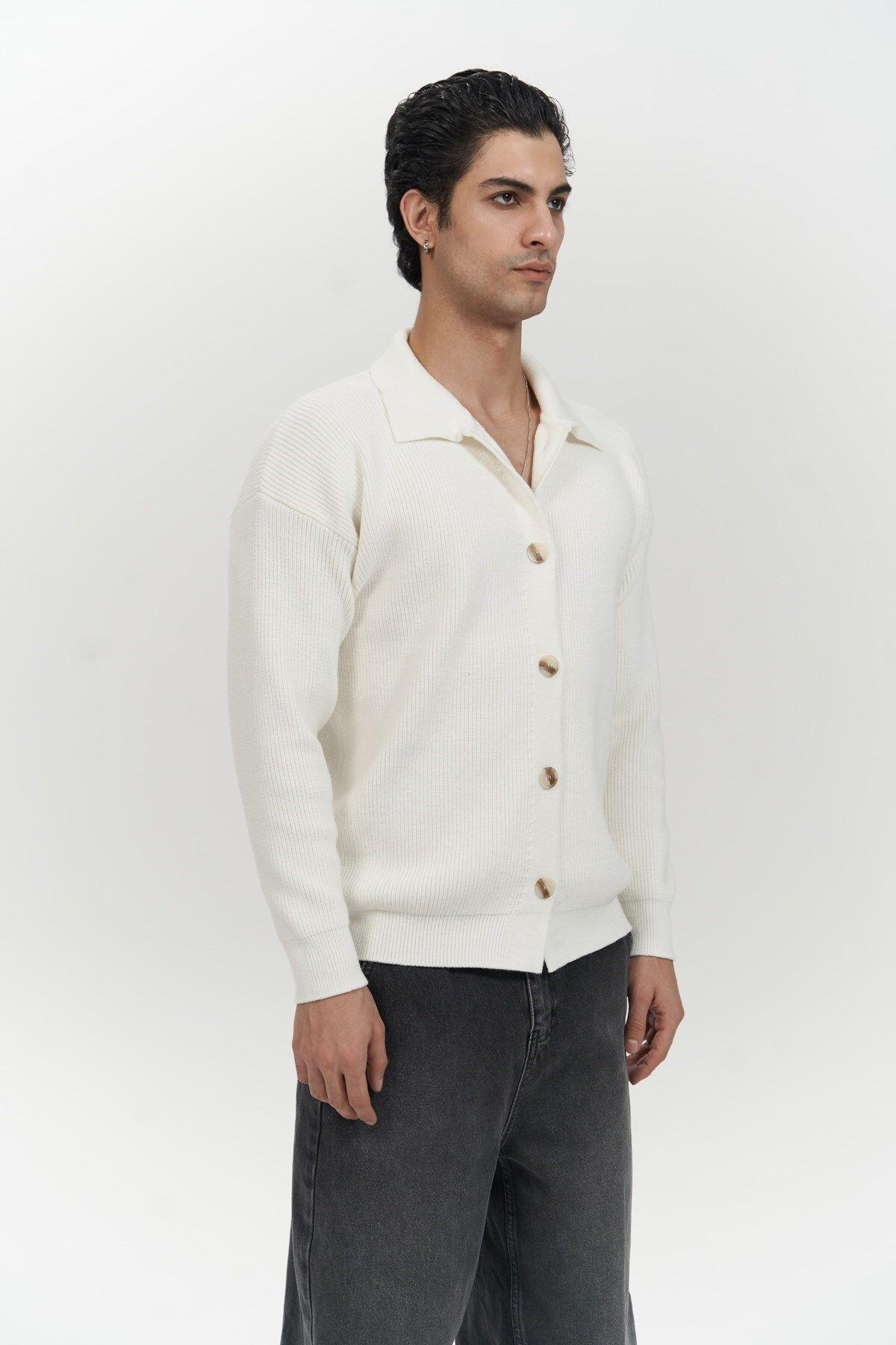Bastian Men's Ecru Knit Cardigan with Button Detail