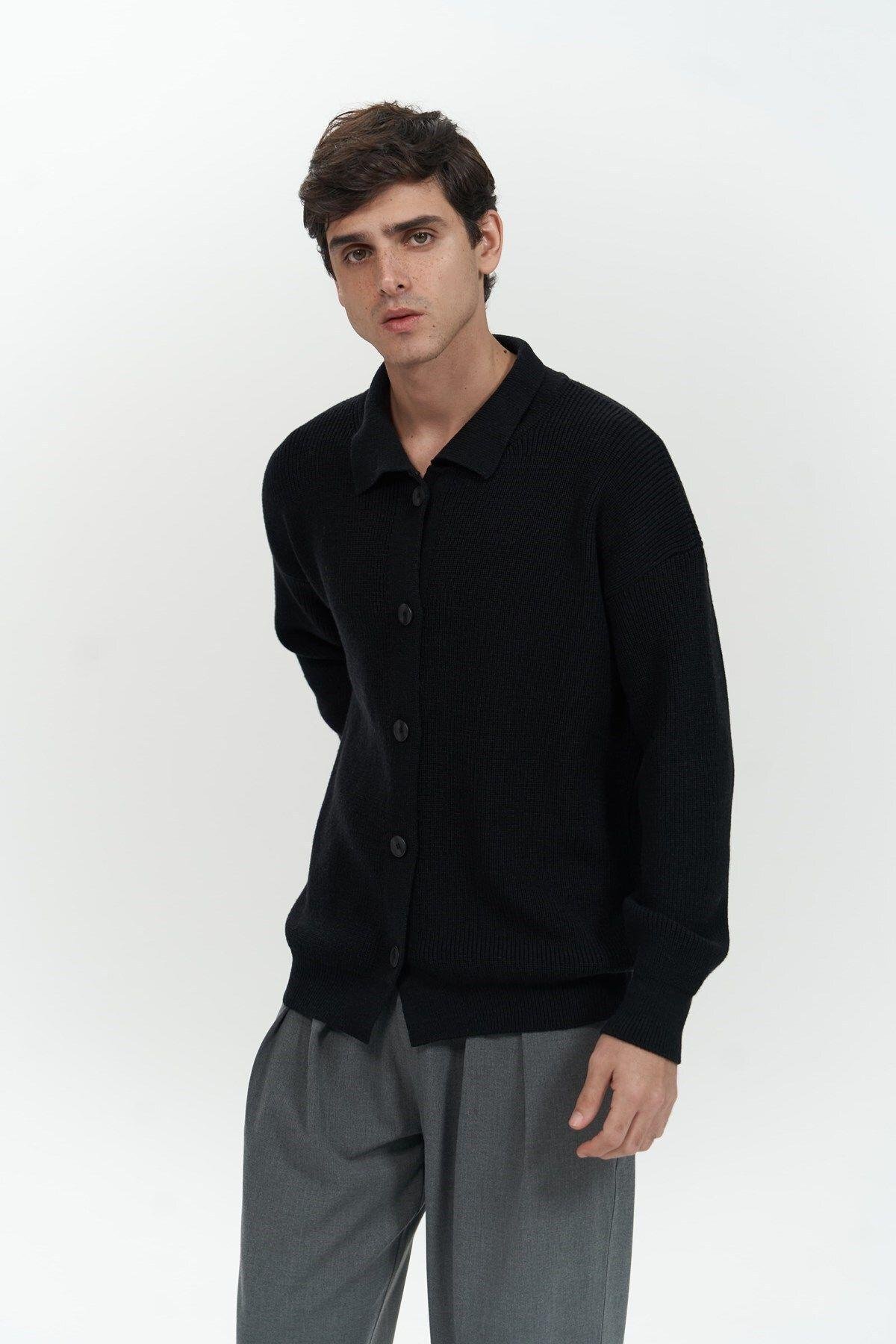 Bastian Men's Black Knit Cardigan with Button Detail