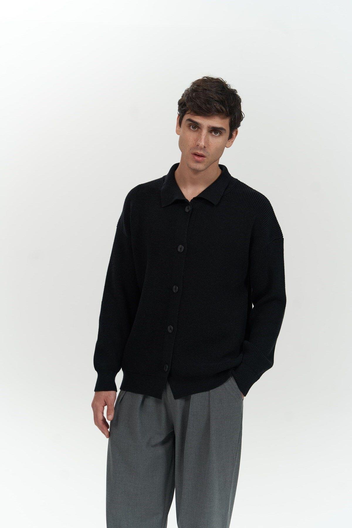 Bastian Men's Black Knit Cardigan with Button Detail