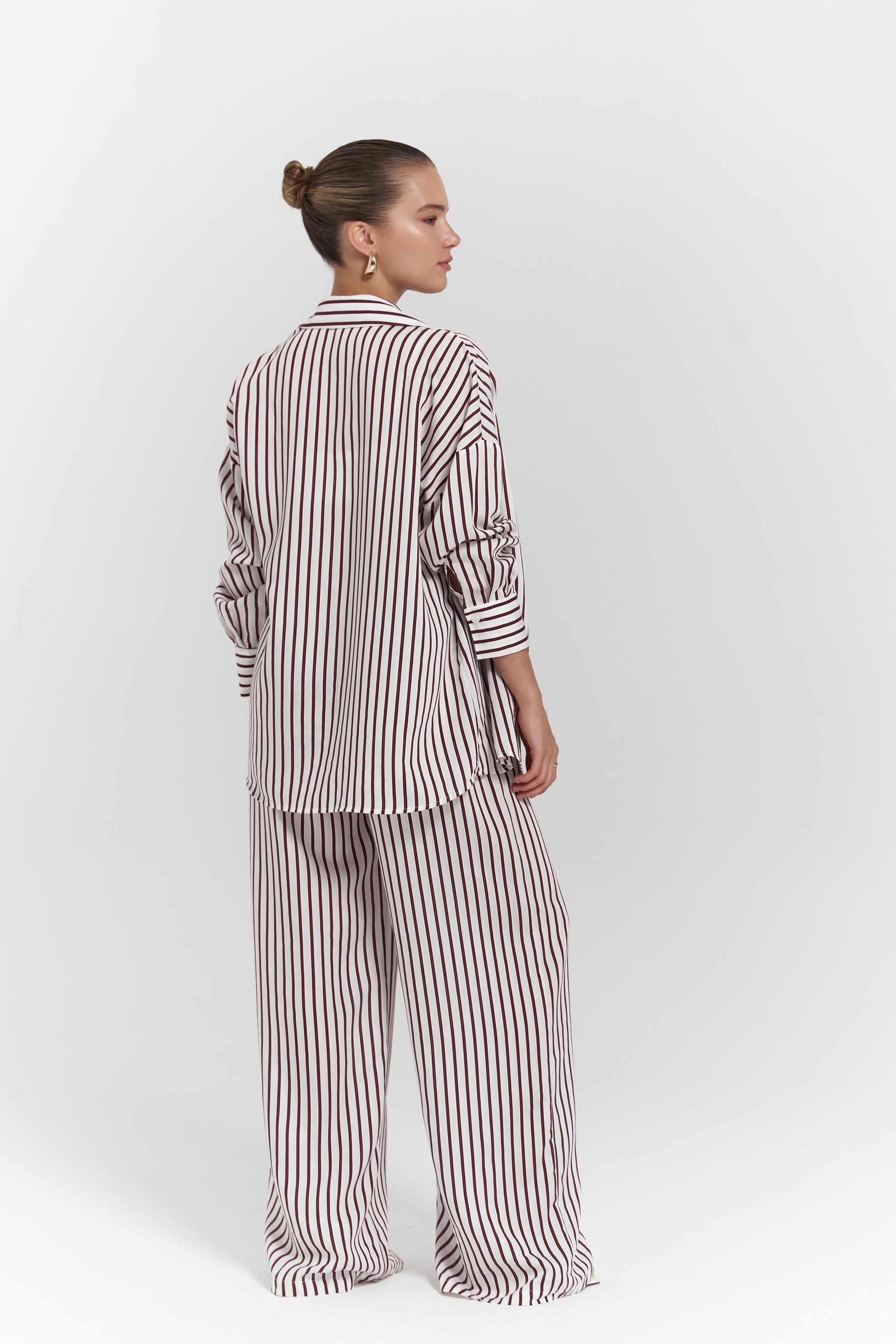 Beatrix Bordo Çizgili Ekru Gömlek Pantolon Takım
