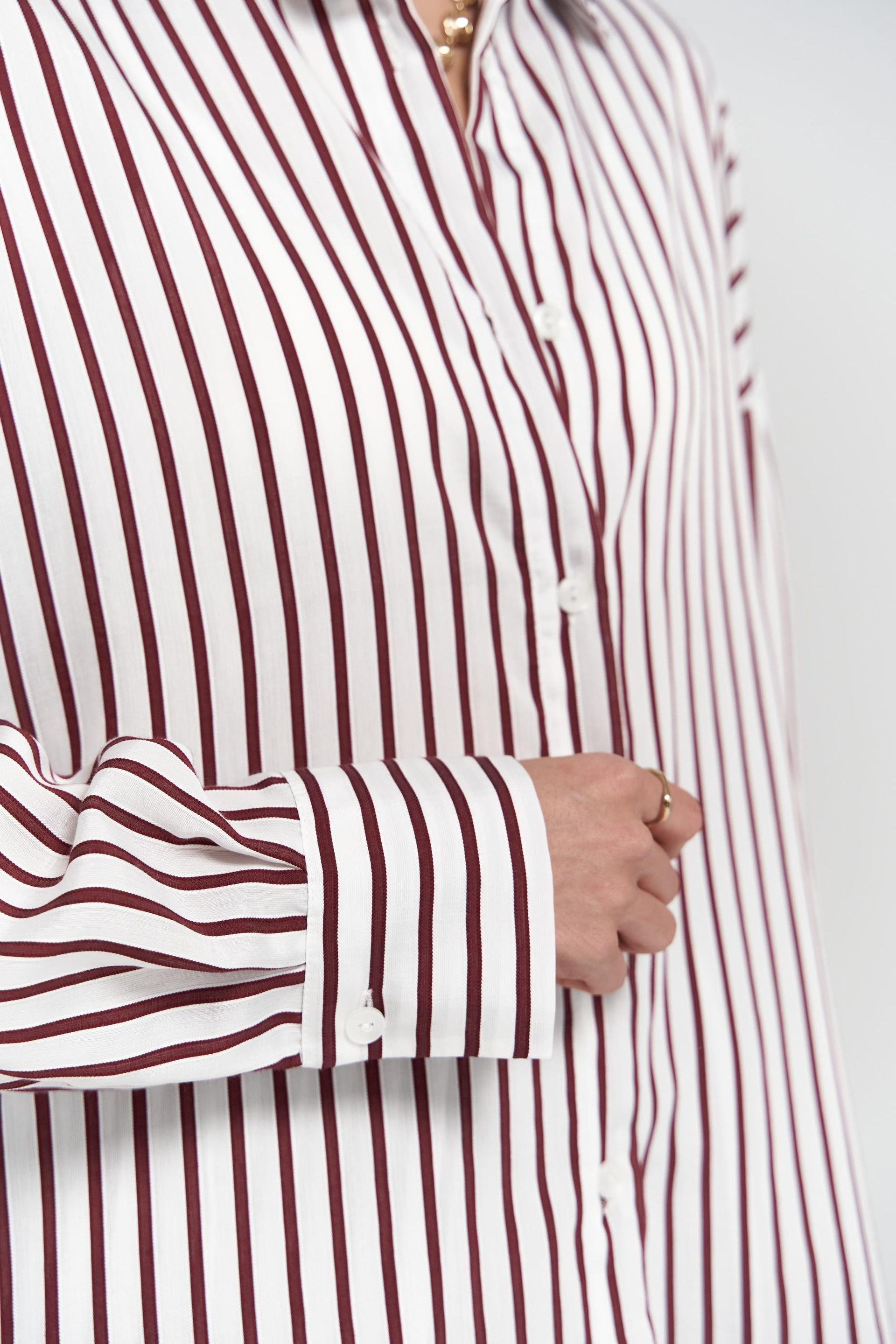 Beatrix Bordo Çizgili Ekru Gömlek Pantolon Takım