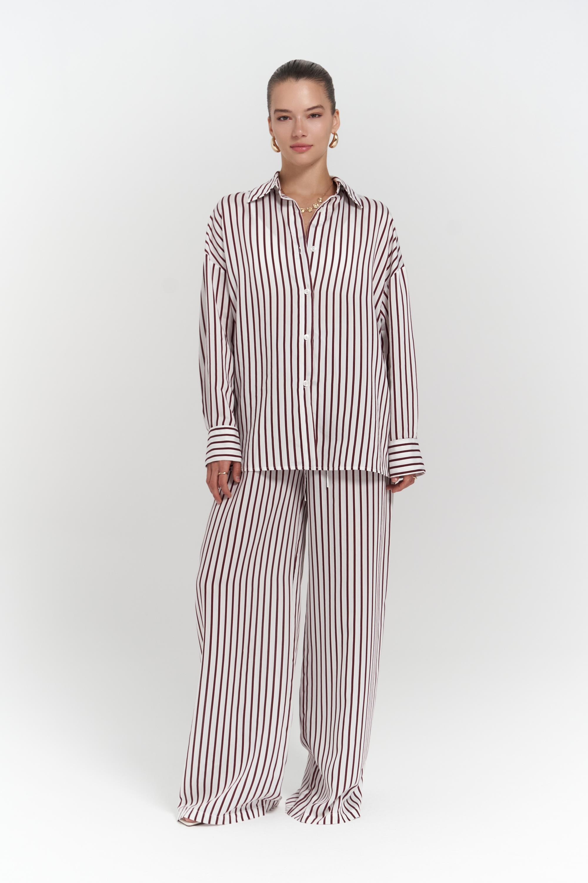 Beatrix Bordo Çizgili Ekru Gömlek Pantolon Takım