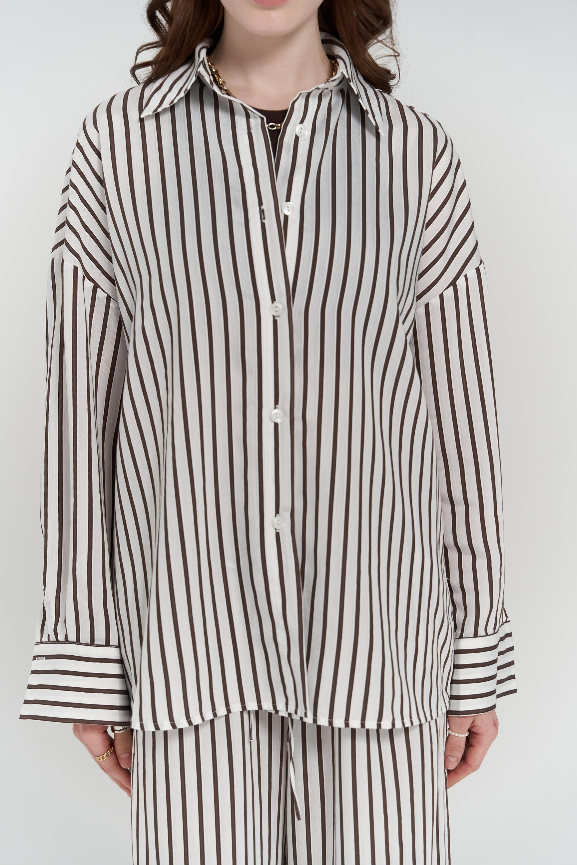 Beatrix Kahve Çizgili Ekru Gömlek Pantolon Takım