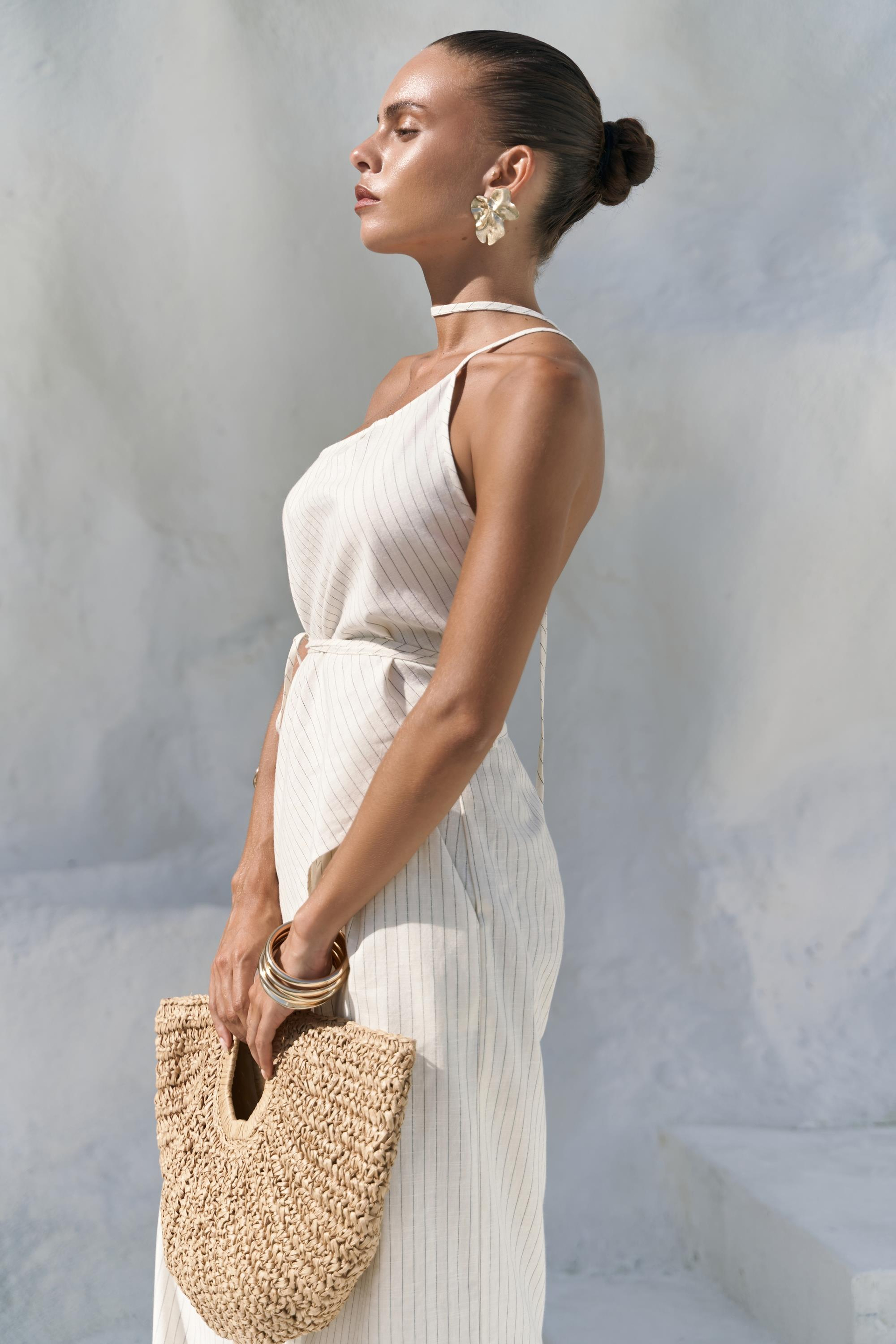 Behin Çizgili Bağlamalı Bej Crop Pantolon Takım