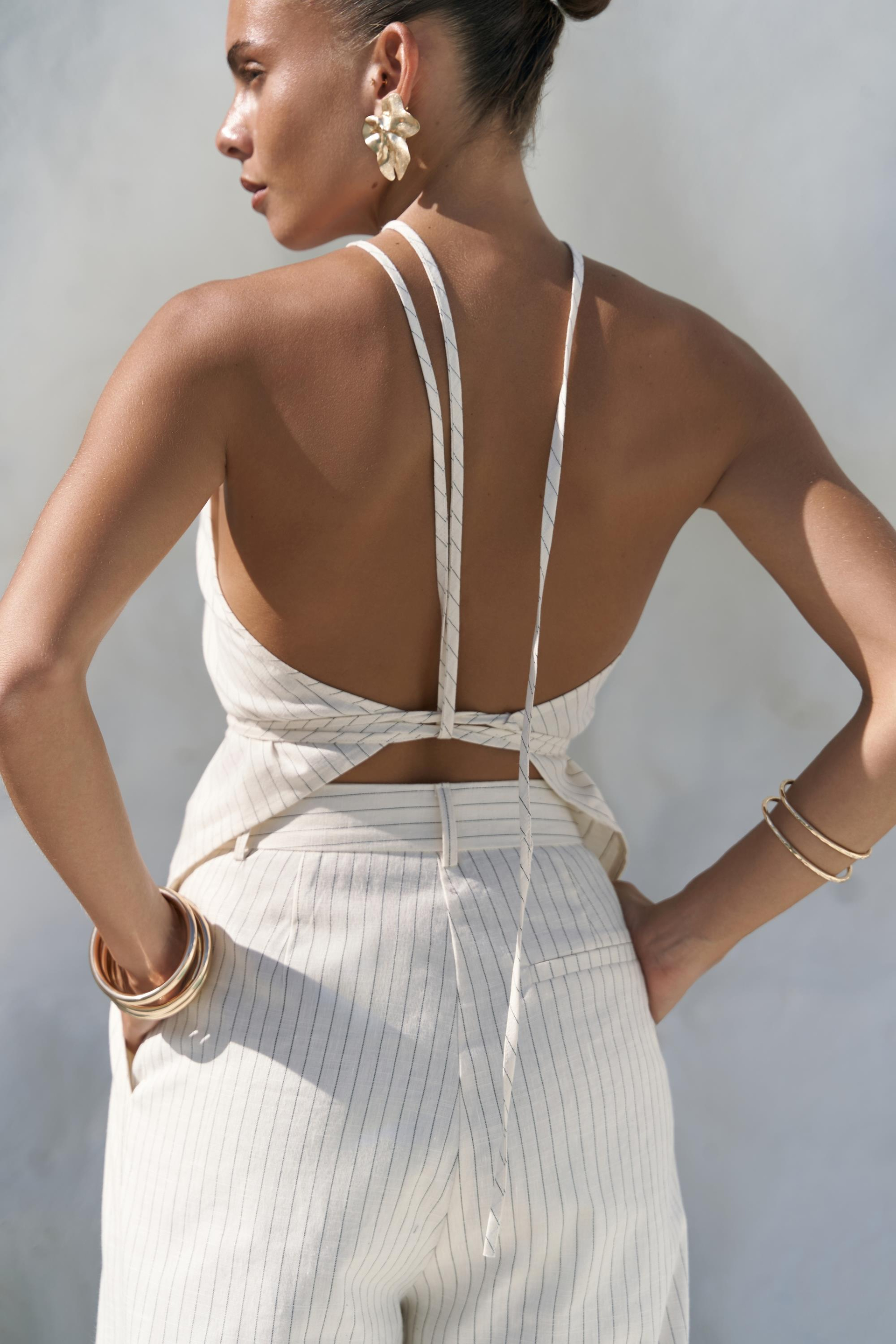 Behin Çizgili Bağlamalı Bej Crop Pantolon Takım