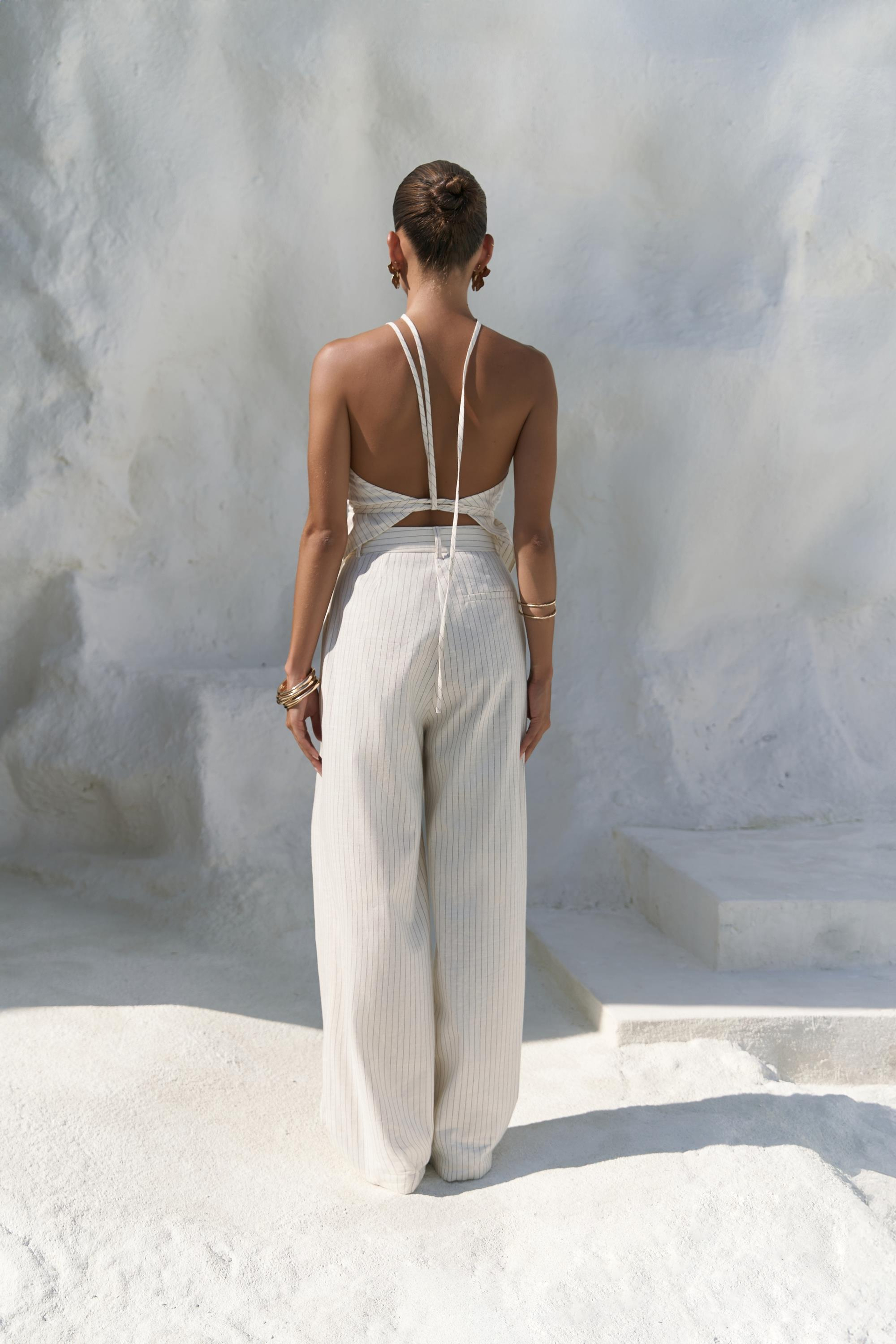 Behin Çizgili Bağlamalı Bej Crop Pantolon Takım